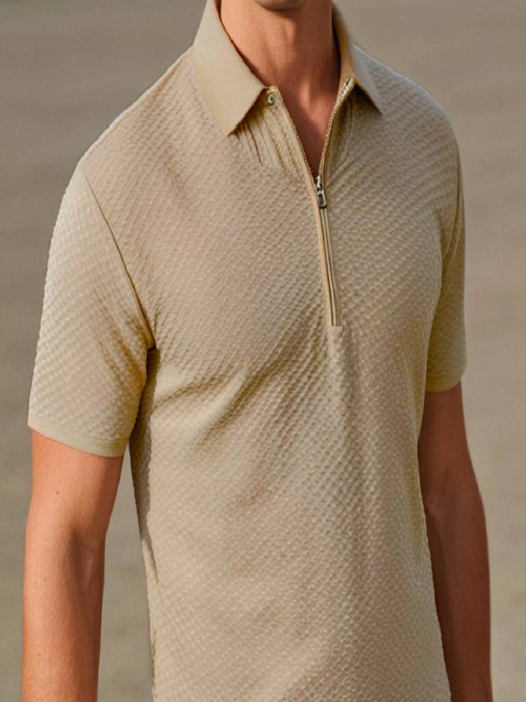 CAT BUNNY Pack of 1 Cotton Blend Regular Fit Self Design Half Sleeves Men's Polo T Shirt ( Cream ) CAT BUNNY Pack of 1 Cotton Blend Regular Fit Self Design Half Sleeves Men's Polo T Shirt ( Cream )