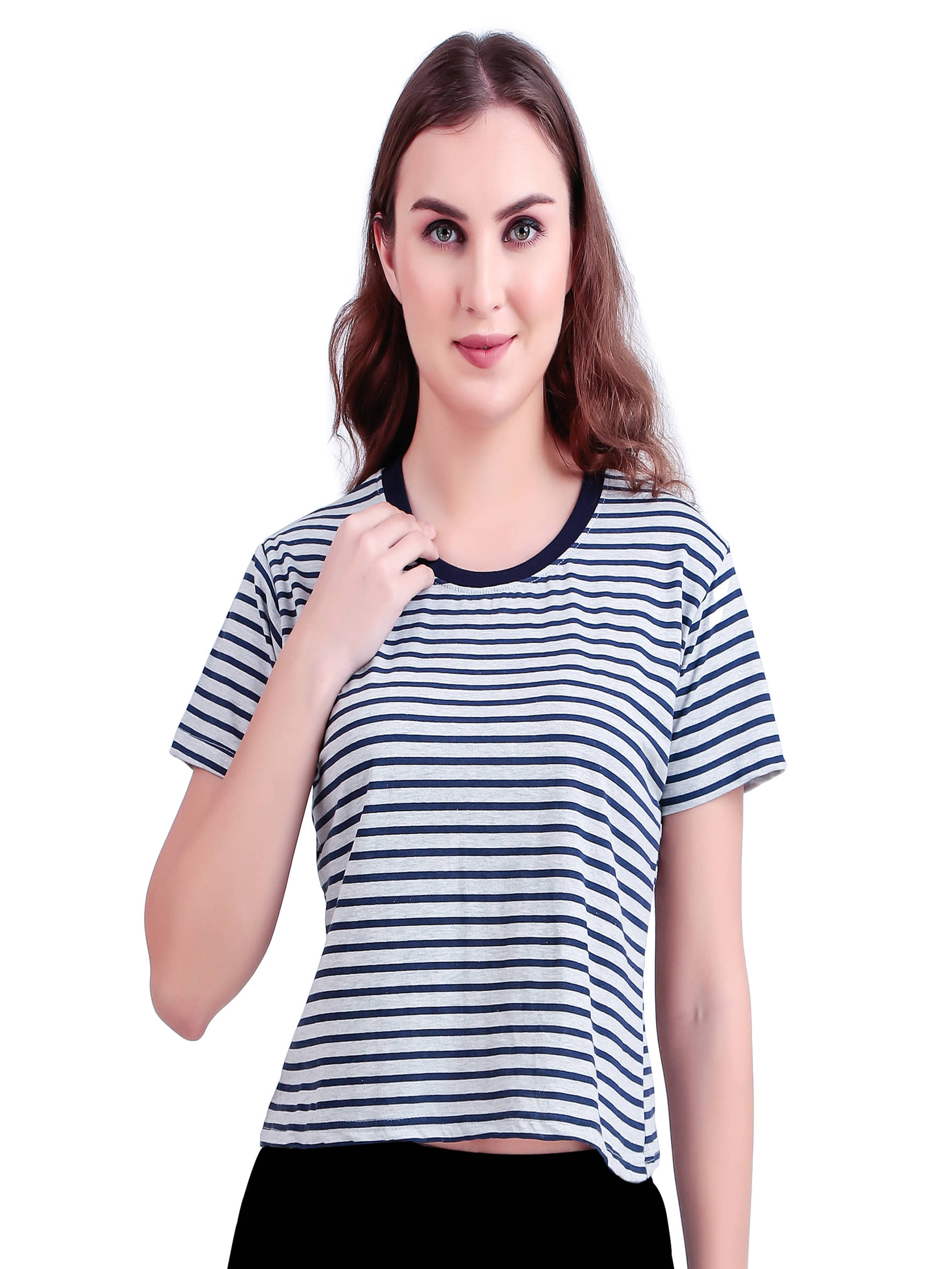 CUSHEE Women Cotton Striped Regular Fit Round Neck T-Shirt ( Navy Blue ) CUSHEE Women Cotton Striped Regular Fit Round Neck T-Shirt ( Navy Blue )
