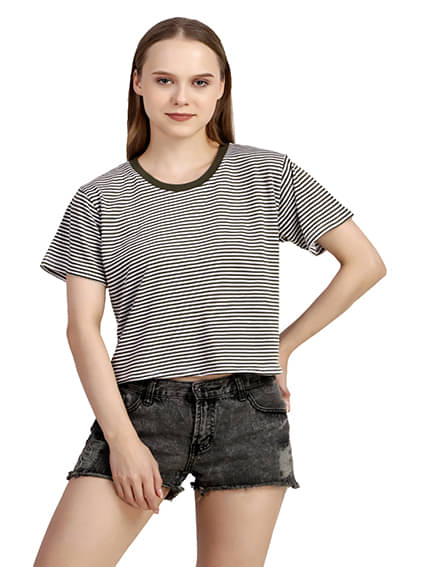     			CUSHEE Women Cotton Striped Regular Fit Round Neck T-Shirt ( Olive )