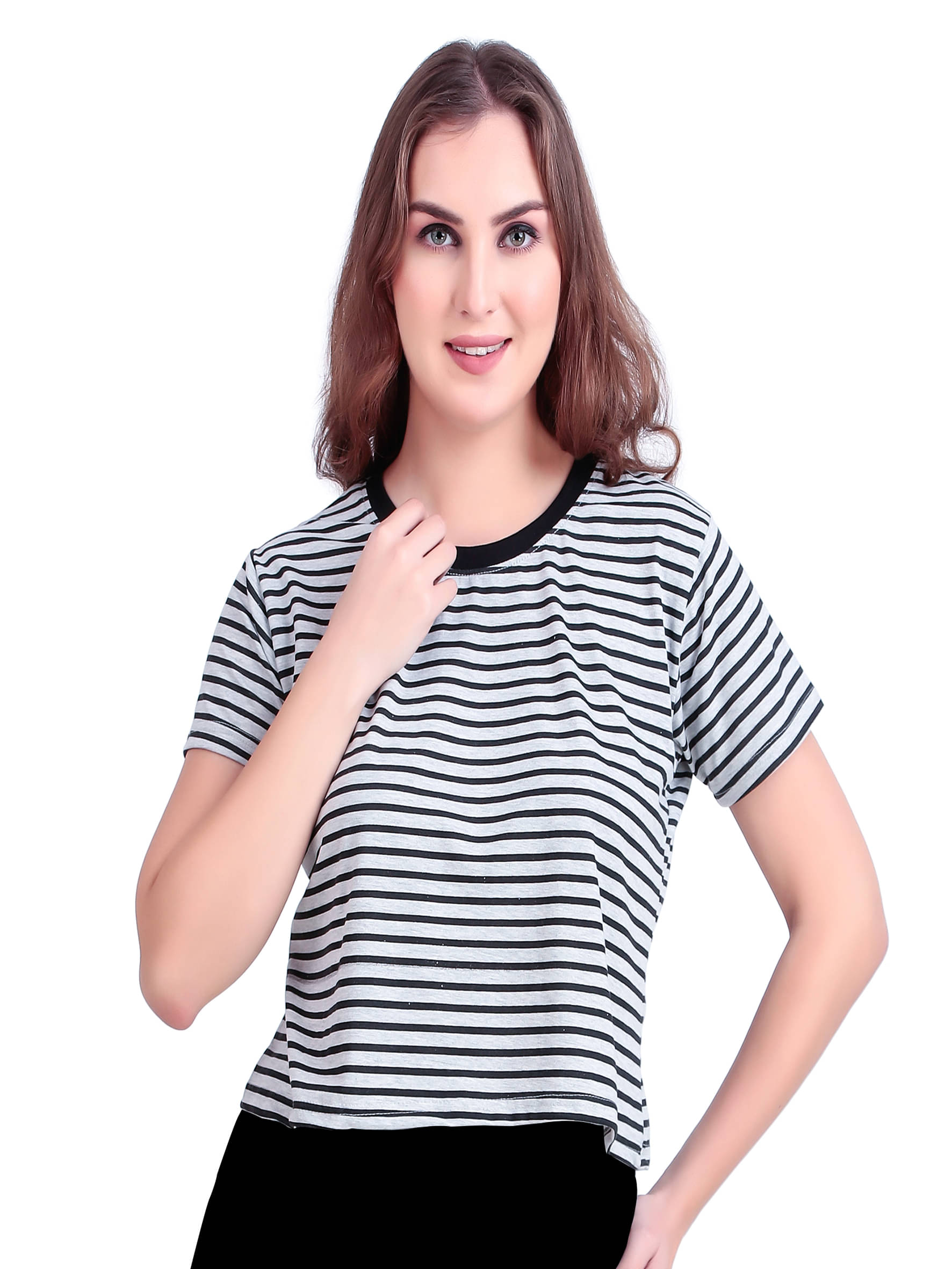 CUSHEE Women Cotton Striped Regular Fit Round Neck T-Shirt ( Black ) CUSHEE Women Cotton Striped Regular Fit Round Neck T-Shirt ( Black )