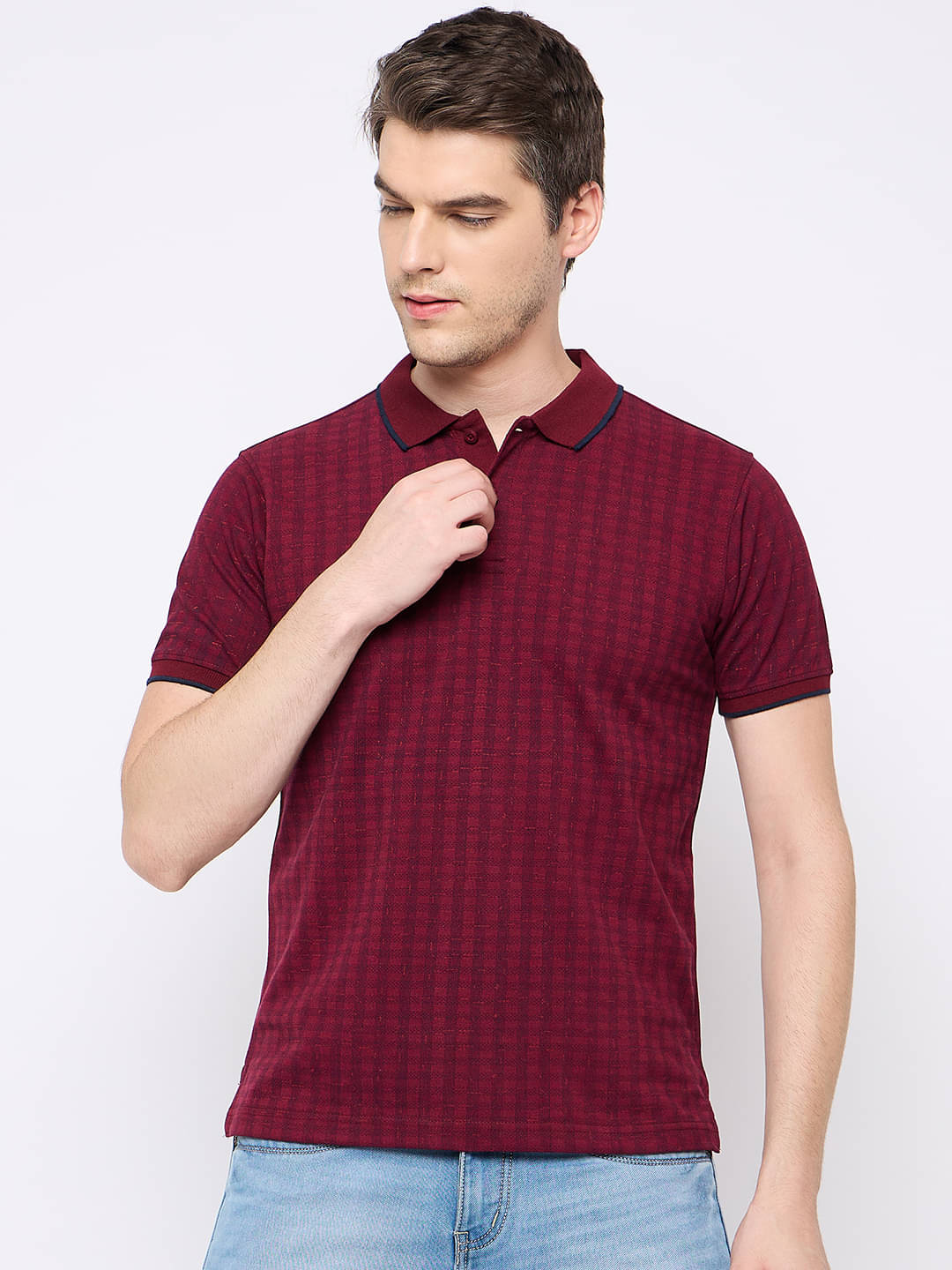     			Club York Pack of 1 Cotton Blend Regular Fit Checks Half Sleeves Men's Polo T Shirt ( Maroon )