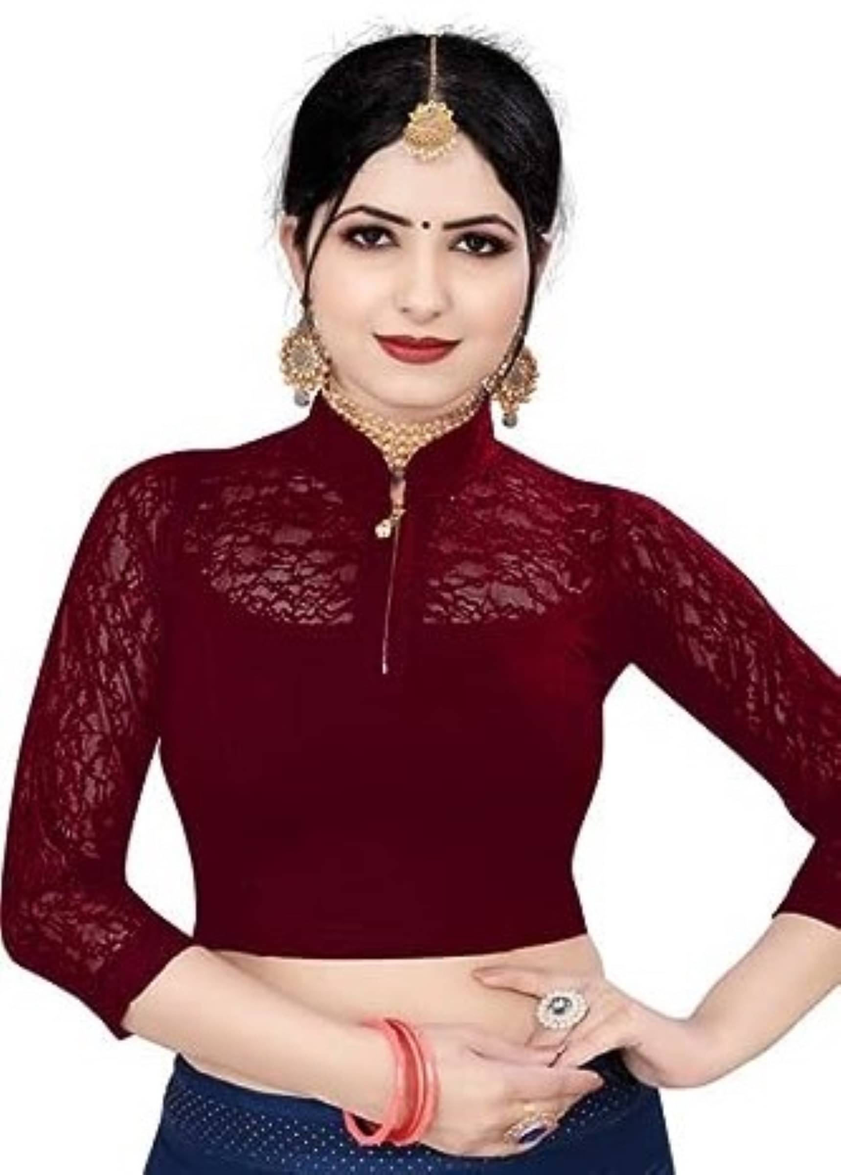     			DELTIN HUB Maroon Readymade without Pad Cotton Blend Women's Blouse ( Pack of 1 )