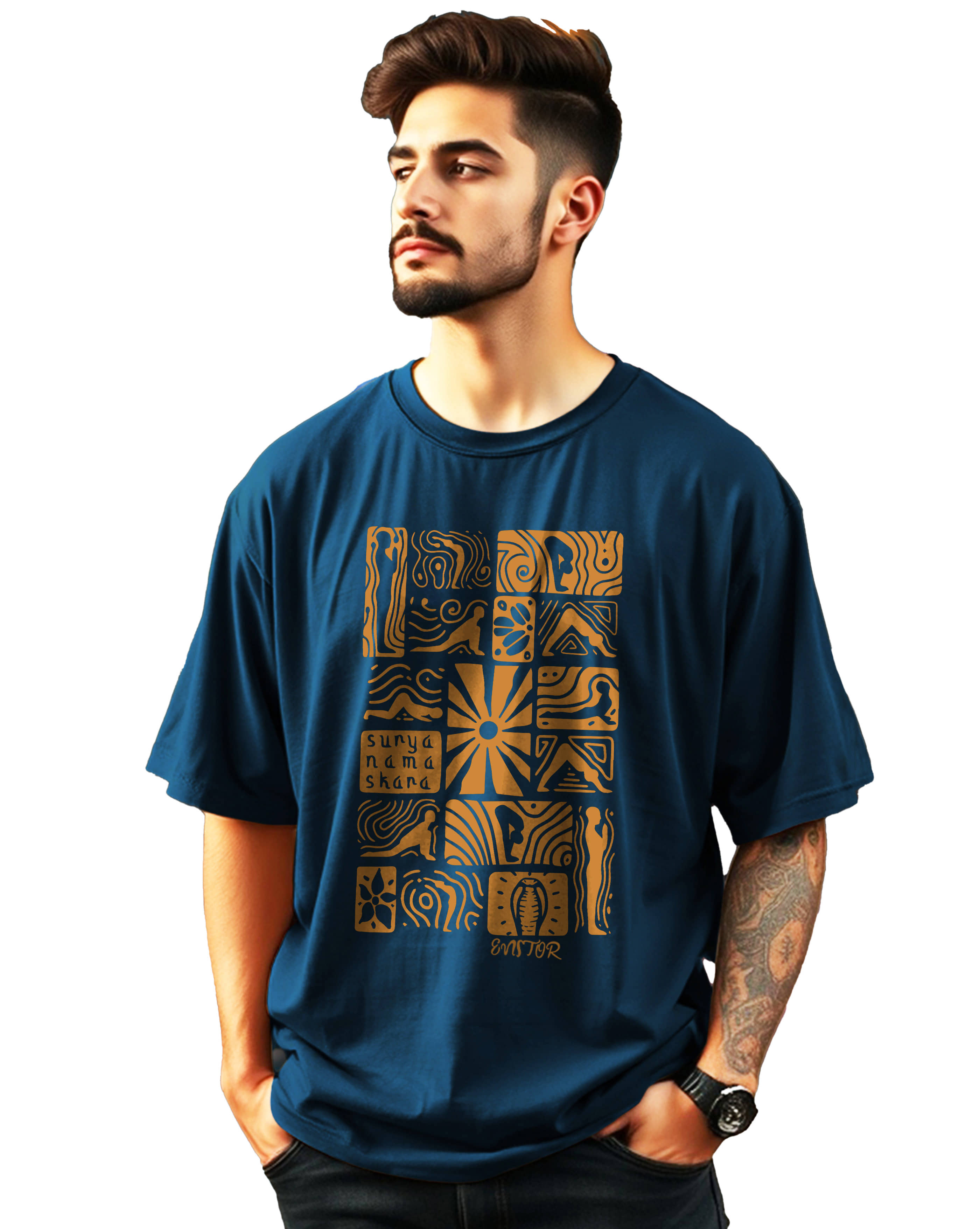 ENITOR Cotton Oversized Fit Printed Half Sleeves Men's Round T-Shirt - Teal Blue ( Pack of 1 )