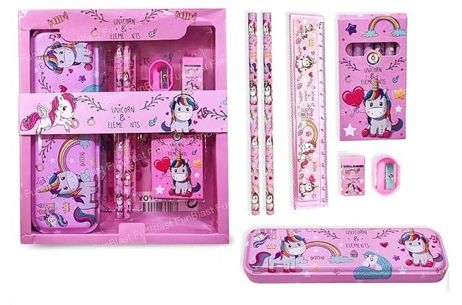     			Eclet Cute Unicorn Stationery Kit Set For Girls 8 In 1 Cartoon School Items For Kids Pencil Box,Colour Set,Pencil,Eraser. Scale And Sharpener Birthday Return Gifts Art Plastic Pencil Box  (Set of 1, Multicolor)