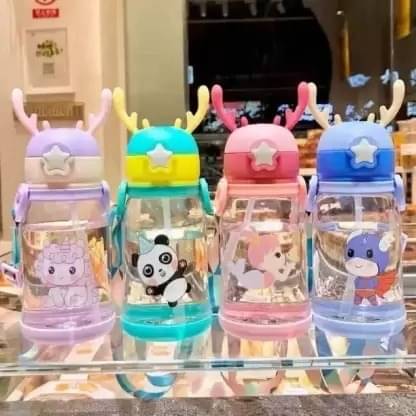     			Eclet Deer Horn Multi Design Cute Mix Cartoon Sipper school Bottle for Kids with Strap 600 ml Water Bottle  (Set of 1, Multicolor)