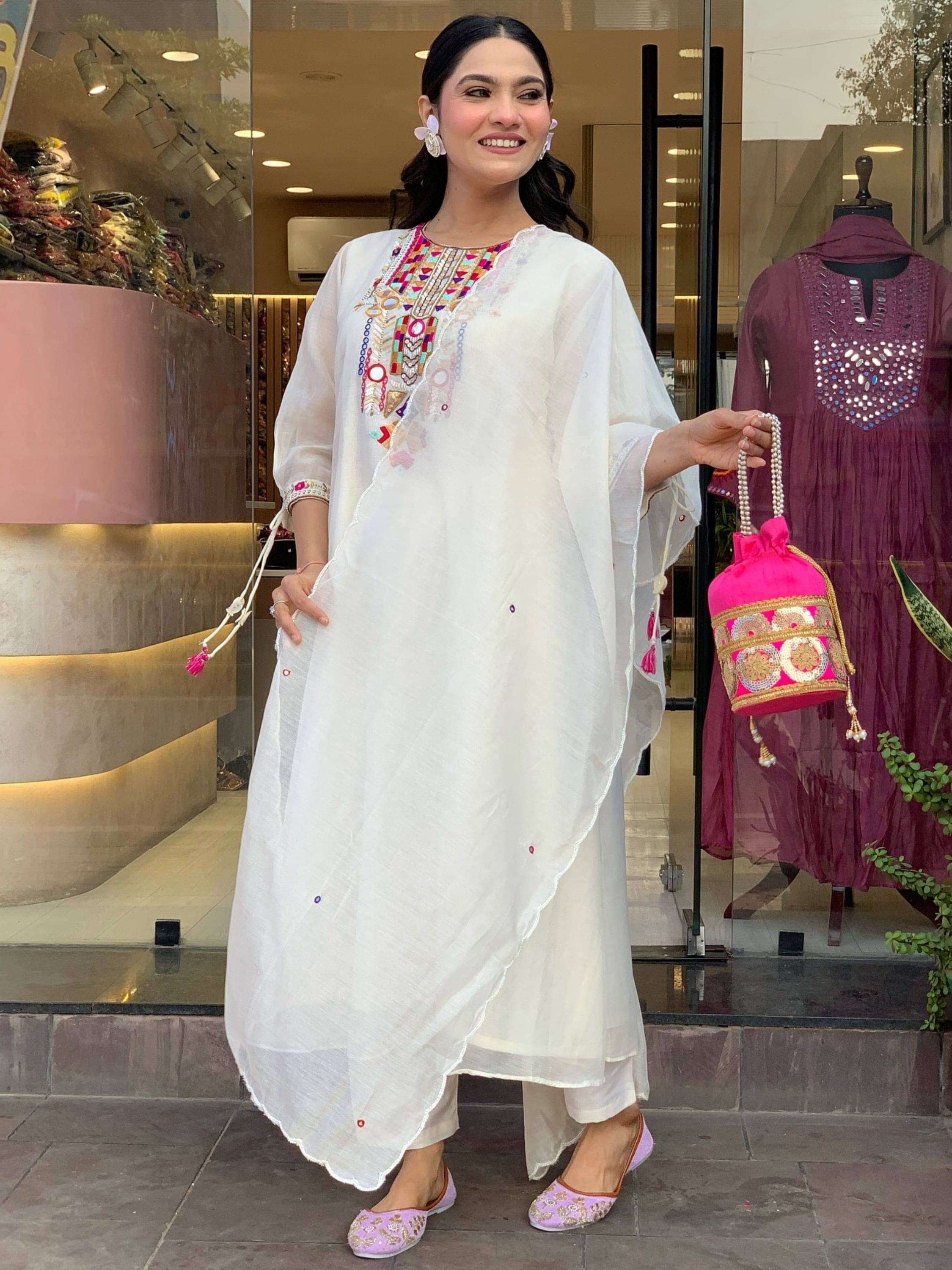 Eeloo Chanderi Embroidered Kurti With Pants Women's Stitched Salwar Suit - White ( Pack of 1 ) Eeloo Chanderi Embroidered Kurti With Pants Women's Stitched Salwar Suit - White ( Pack of 1 )