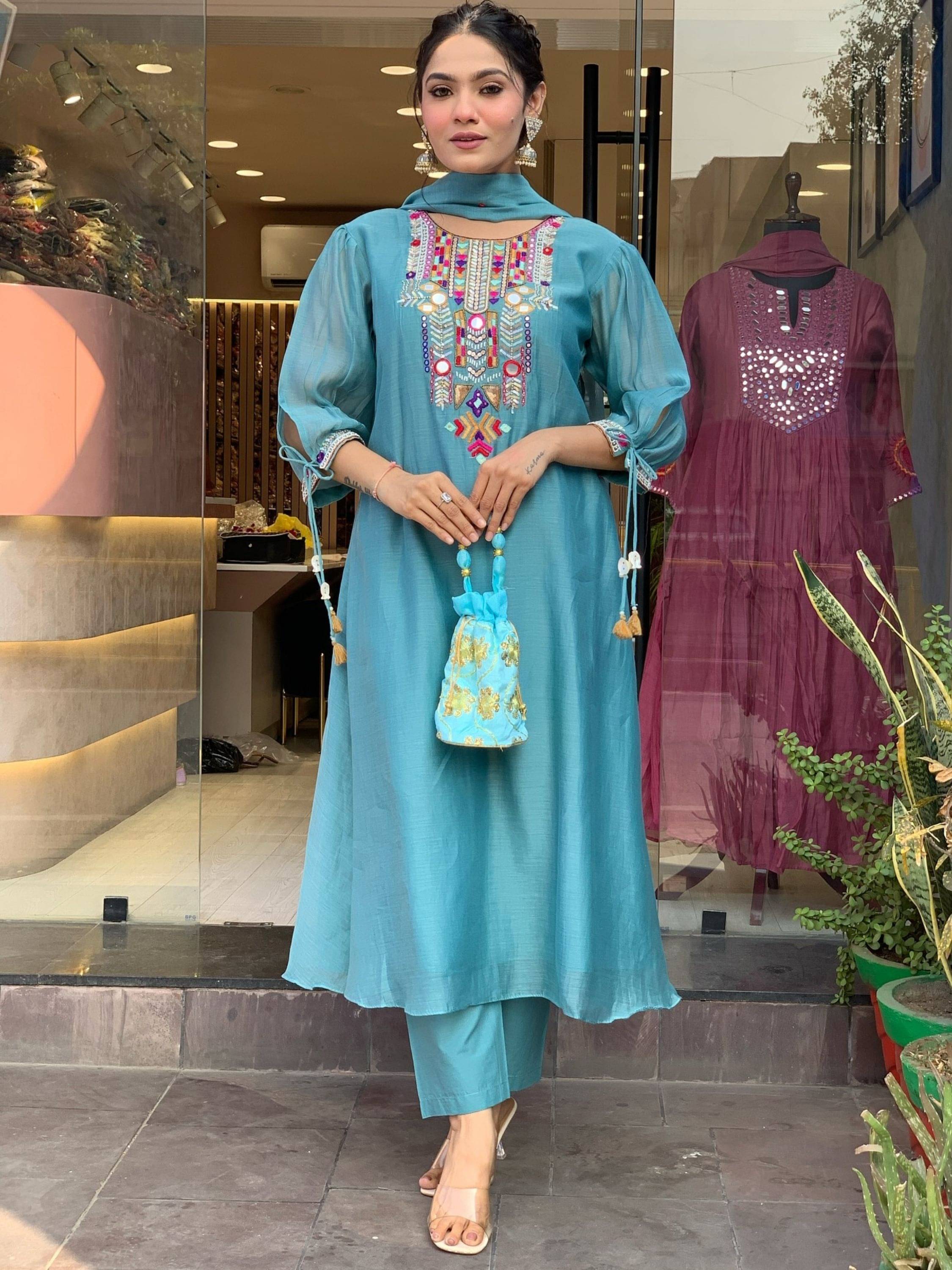 Eeloo Chanderi Embroidered Kurti With Pants Women's Stitched Salwar Suit - Blue ( Pack of 1 ) Eeloo Chanderi Embroidered Kurti With Pants Women's Stitched Salwar Suit - Blue ( Pack of 1 )