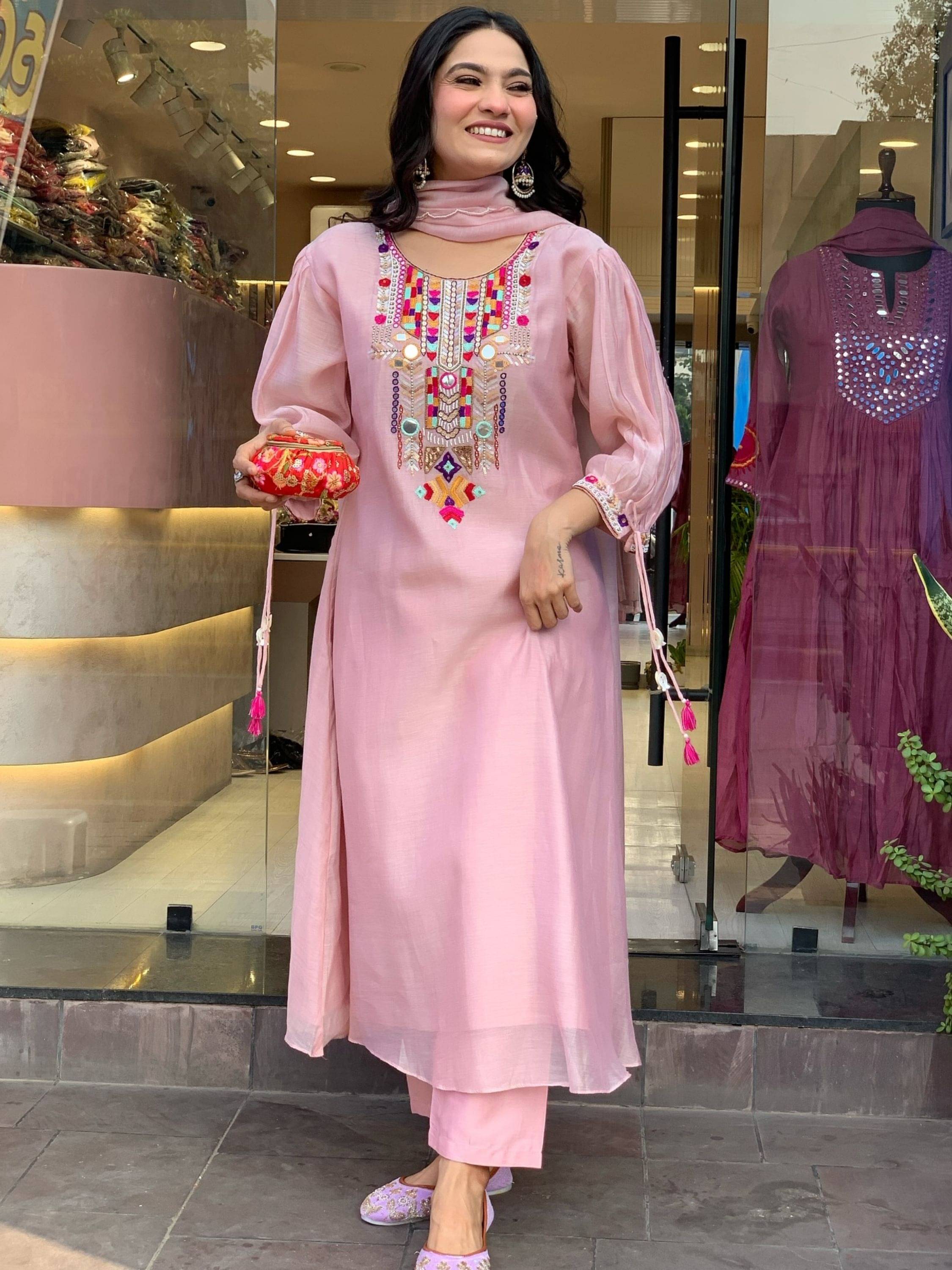 Eeloo Chanderi Embroidered Kurti With Pants Women's Stitched Salwar Suit - Pink ( Pack of 1 ) Eeloo Chanderi Embroidered Kurti With Pants Women's Stitched Salwar Suit - Pink ( Pack of 1 )