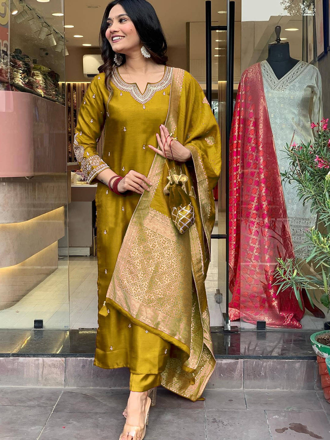     			Eeloo Silk Embroidered Kurti With Pants Women's Stitched Salwar Suit - Yellow ( Pack of 1 )