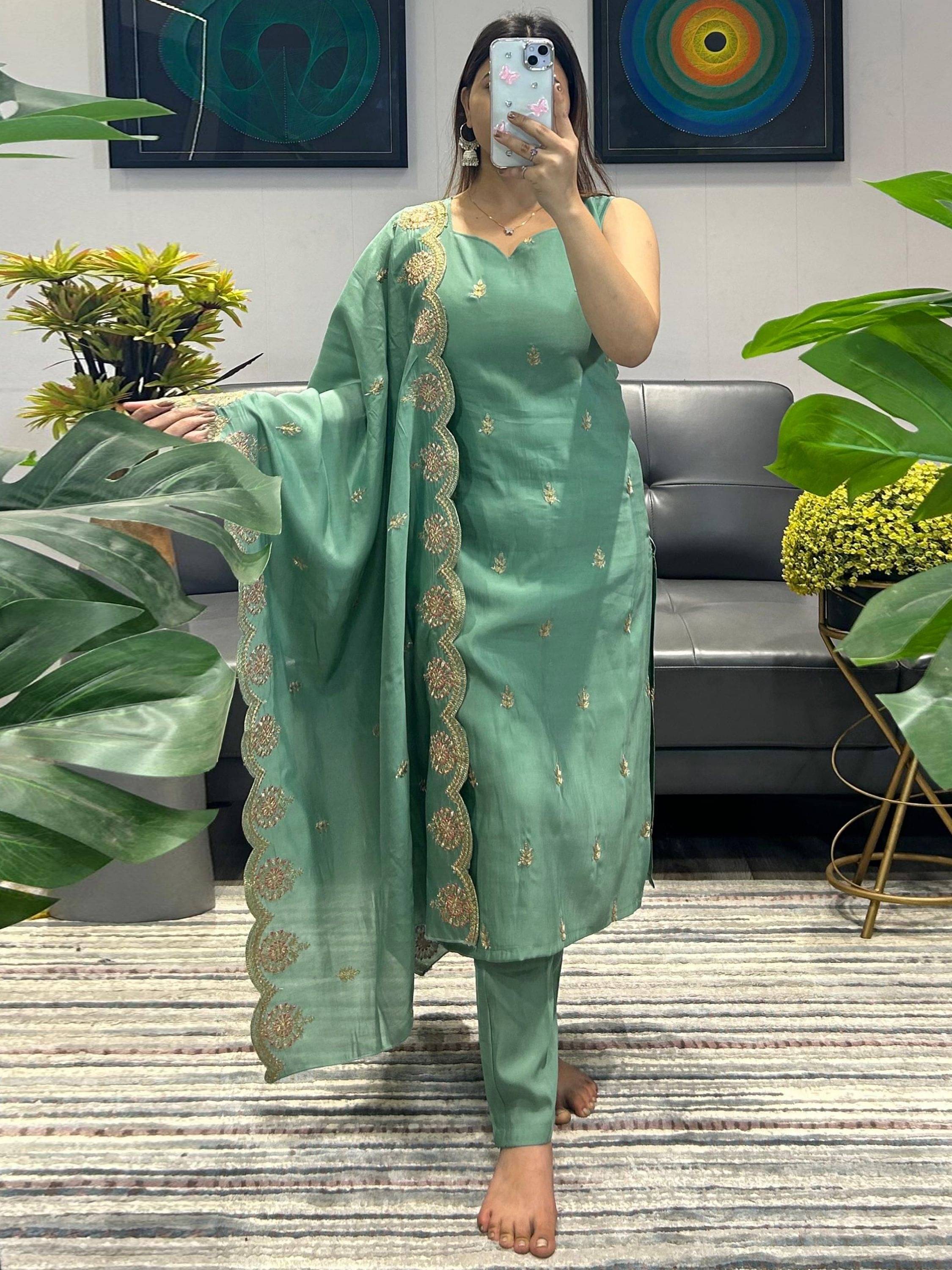 Eeloo Silk Embroidered Kurti With Pants Women's Stitched Salwar Suit - Green ( Pack of 1 )     			Eeloo Silk Embroidered Kurti With Pants Women's Stitched Salwar Suit - Green ( Pack of 1 )