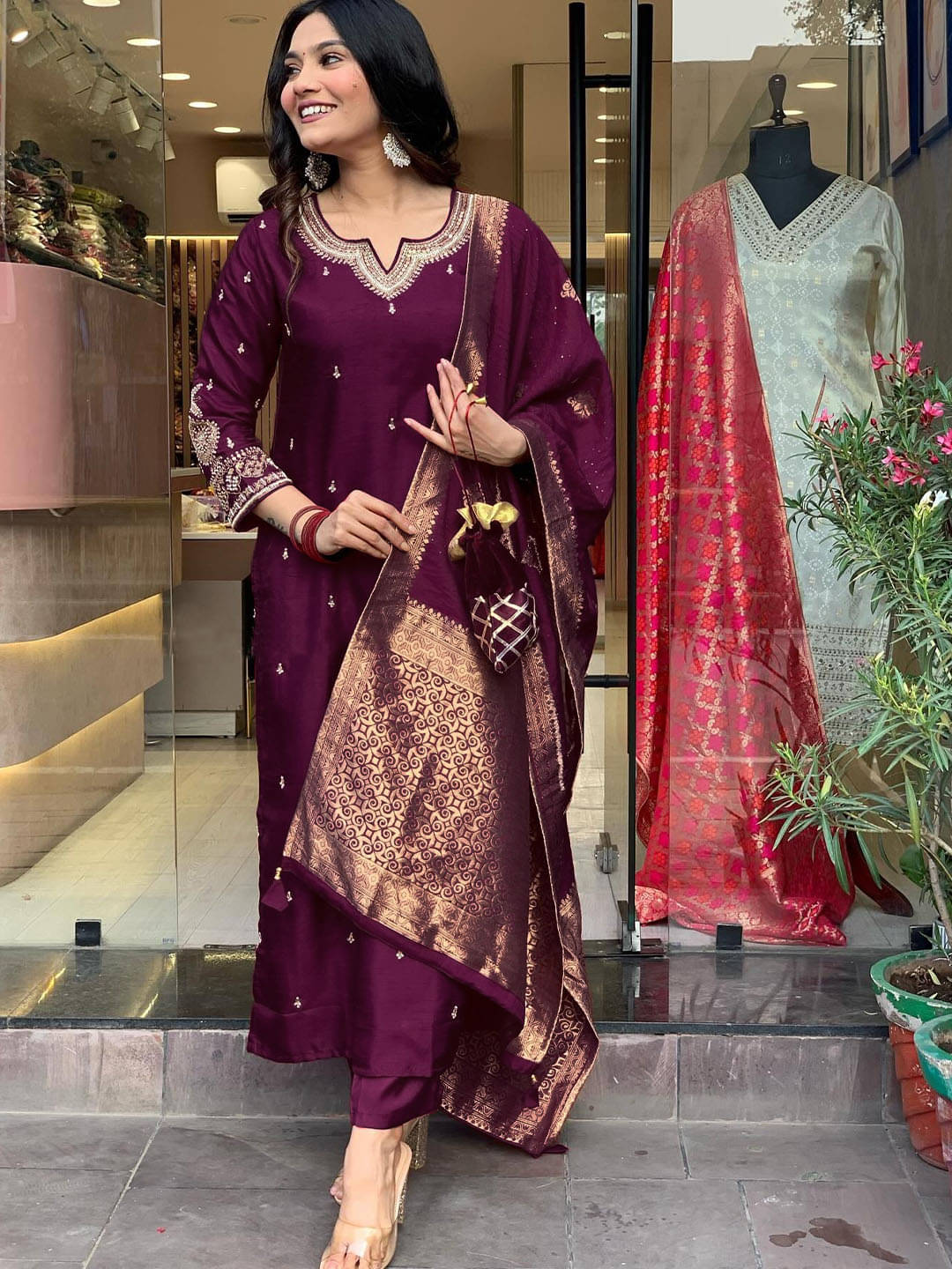 Eeloo Silk Embroidered Kurti With Pants Women's Stitched Salwar Suit - Purple ( Pack of 1 )     			Eeloo Silk Embroidered Kurti With Pants Women's Stitched Salwar Suit - Purple ( Pack of 1 )