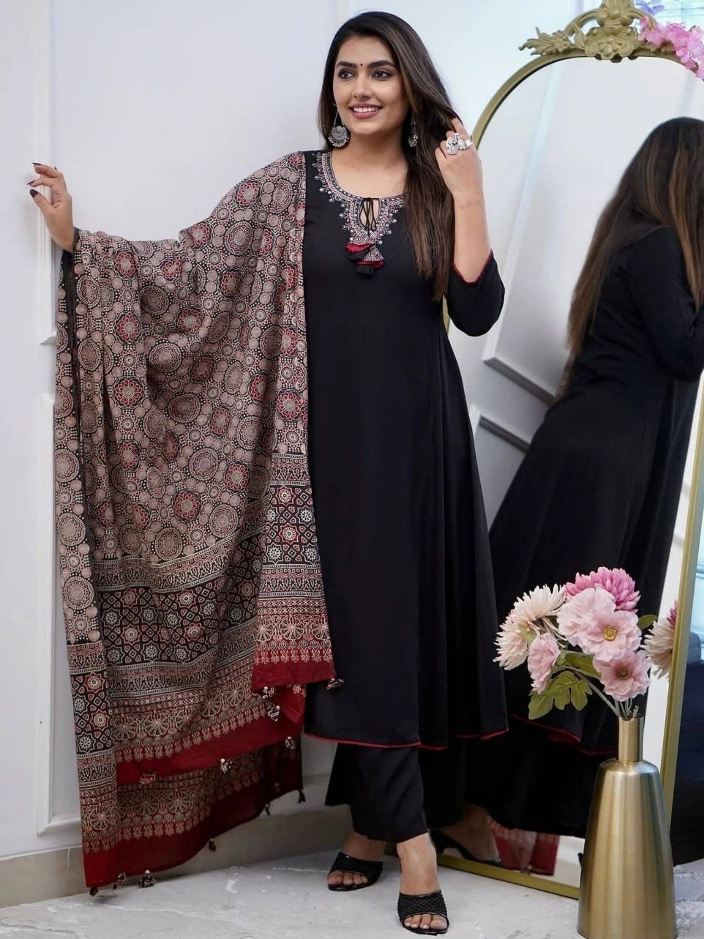 Eeloo Viscose Embroidered Kurti With Pants Women's Stitched Salwar Suit - Black ( Pack of 1 )     			Eeloo Viscose Embroidered Kurti With Pants Women's Stitched Salwar Suit - Black ( Pack of 1 )