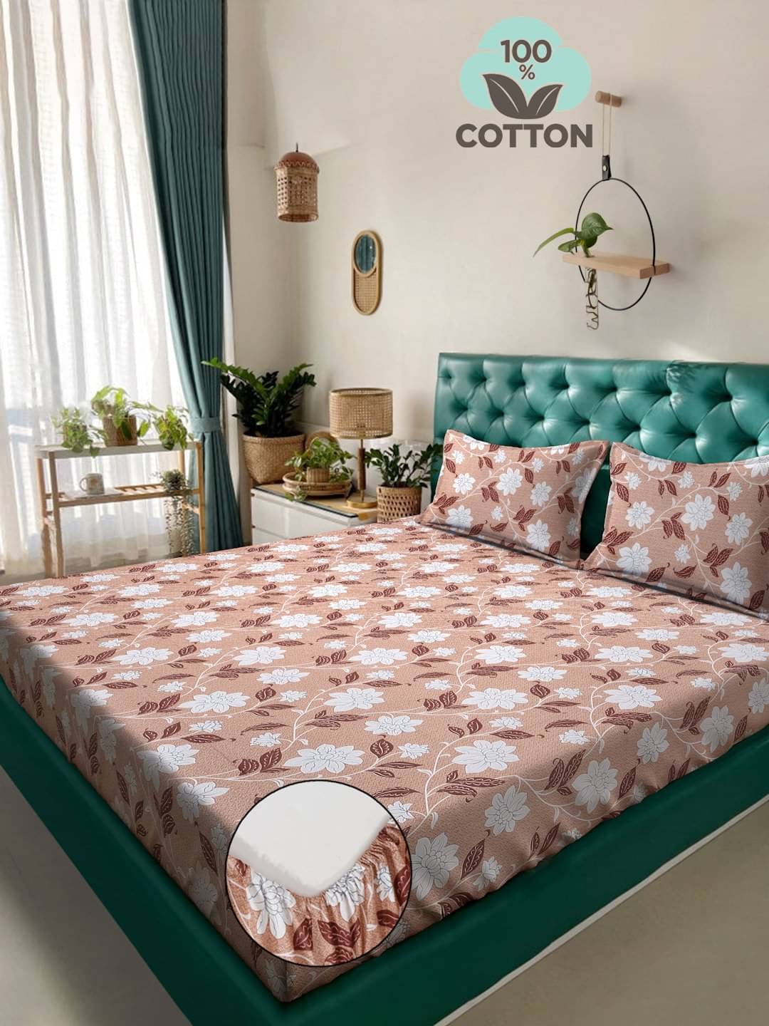     			Klotthe Cotton Floral Fitted 1 Bedsheet with 2 Pillow Covers ( Double Bed ) - Beige