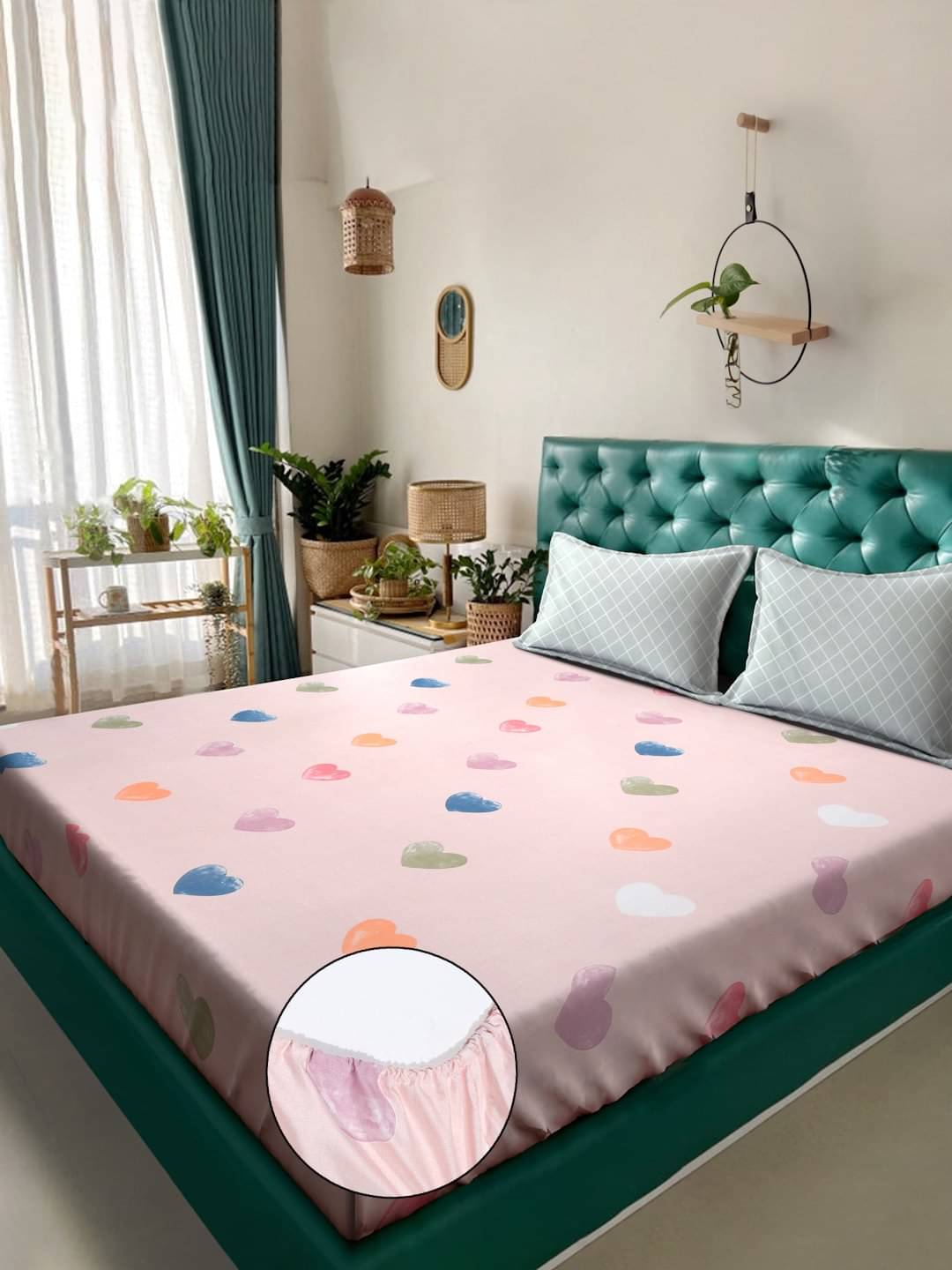     			Klotthe Poly Cotton Abstract Fitted 1 Bedsheet with 2 Pillow Covers ( Double Bed ) - Pink