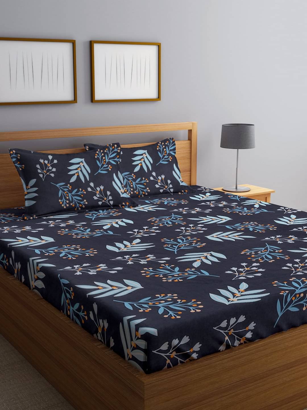     			Klotthe Poly Cotton Floral Fitted 1 Bedsheet with 2 Pillow Covers ( Double Bed ) - Multi