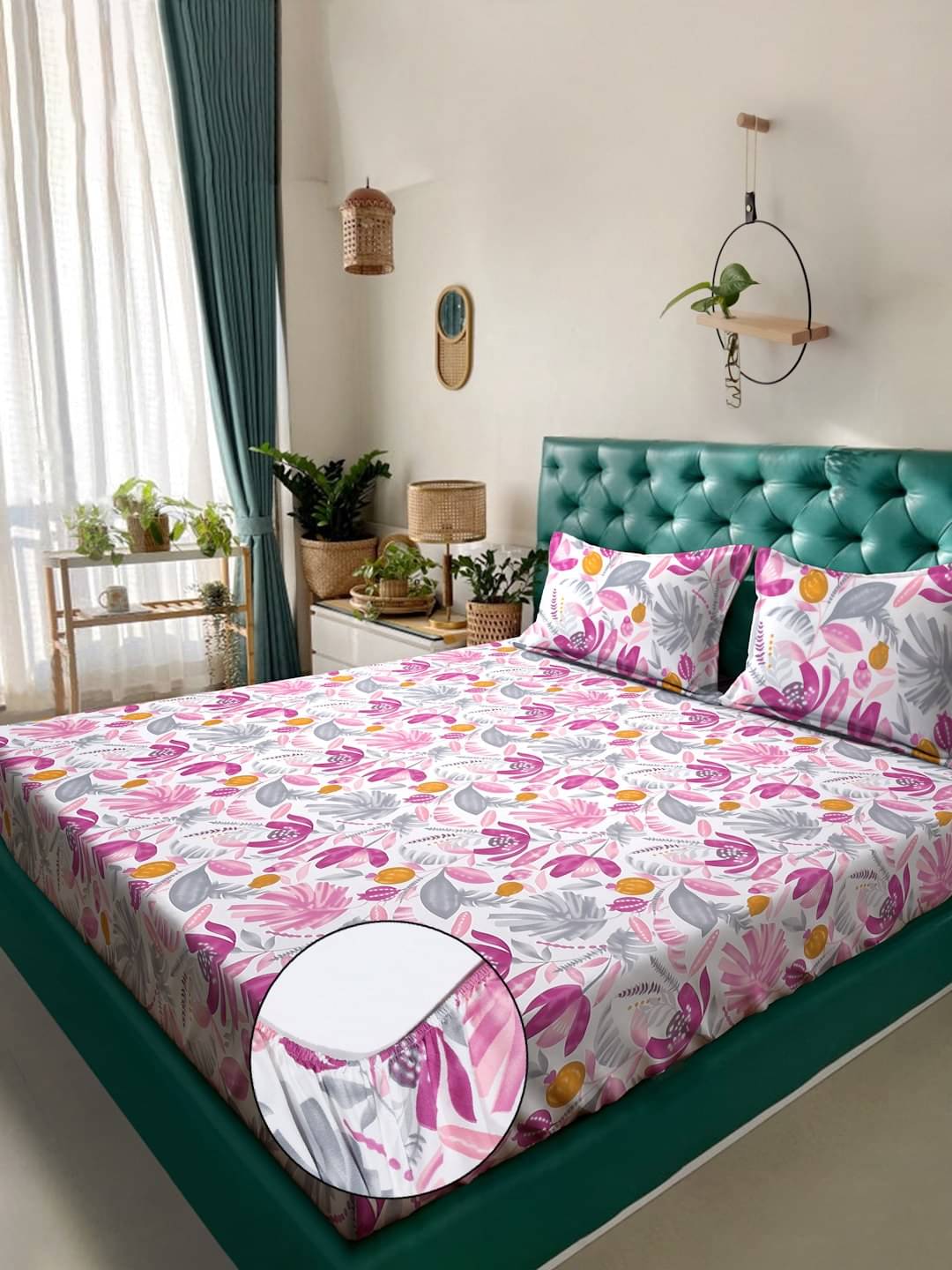Klotthe Poly Cotton Floral Fitted 1 Bedsheet with 2 Pillow Covers ( Double Bed ) - Multi Klotthe Poly Cotton Floral Fitted 1 Bedsheet with 2 Pillow Covers ( Double Bed ) - Multi