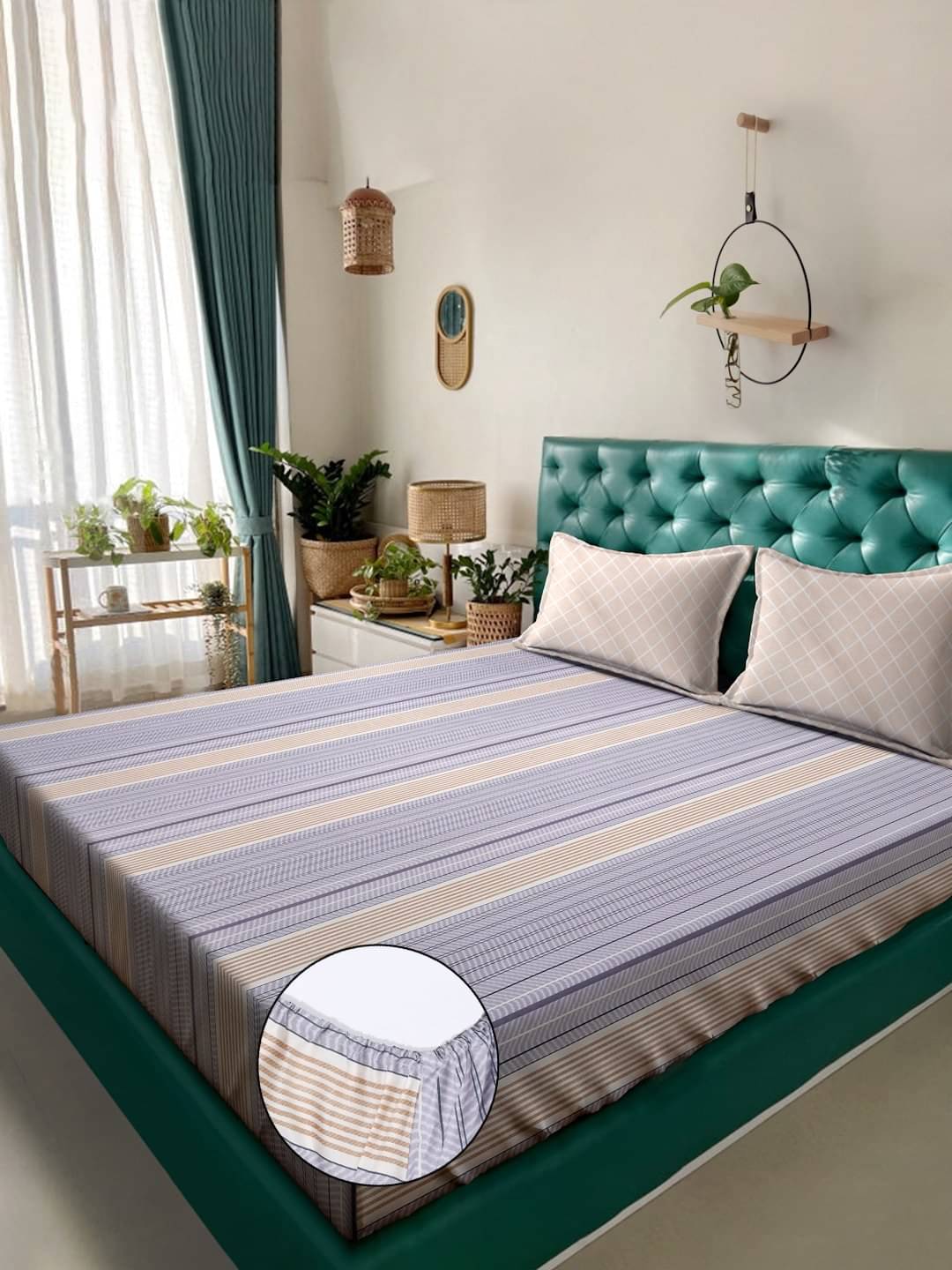 Klotthe Poly Cotton Vertical Striped Fitted 1 Bedsheet with 2 Pillow Covers ( Double Bed ) - Purple Klotthe Poly Cotton Vertical Striped Fitted 1 Bedsheet with 2 Pillow Covers ( Double Bed ) - Purple