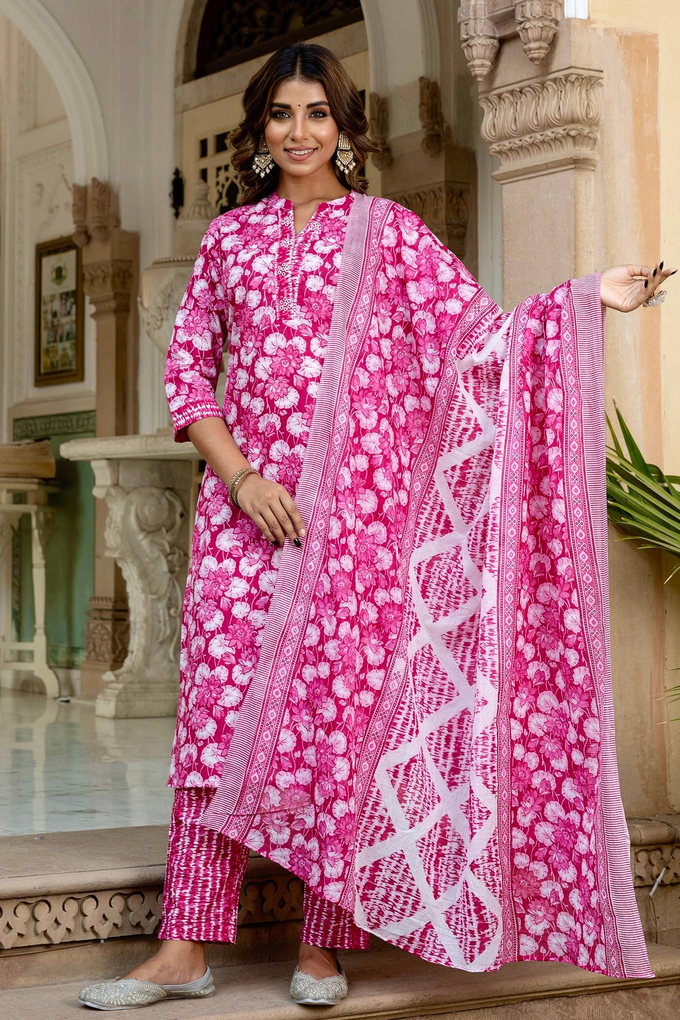     			Kohsh Cotton Printed Kurti With Pants Women's Stitched Salwar Suit - Pink ( Pack of 1 )