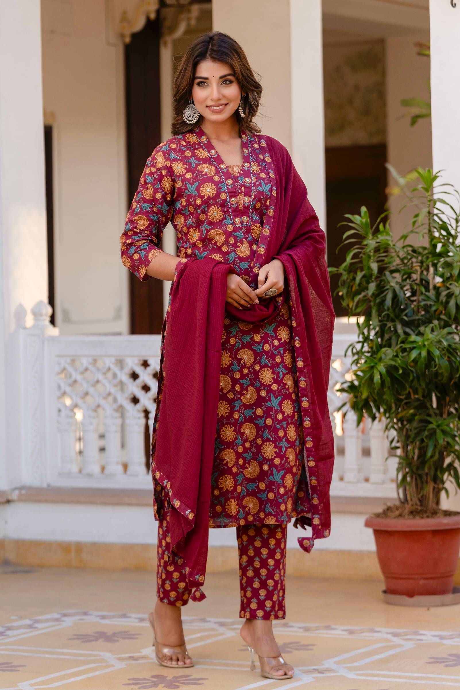 Kohsh Cotton Printed Kurti With Pants Women's Stitched Salwar Suit - Purple ( Pack of 1 ) Kohsh Cotton Printed Kurti With Pants Women's Stitched Salwar Suit - Purple ( Pack of 1 )