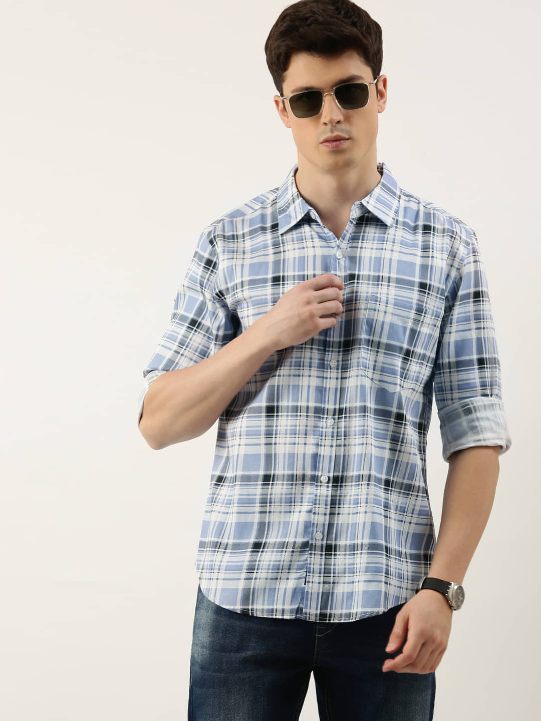 Lucky Roger Cotton Blend Regular Fit Checks Full Sleeves Men's Casual Shirt - Blue ( Pack of 1 )