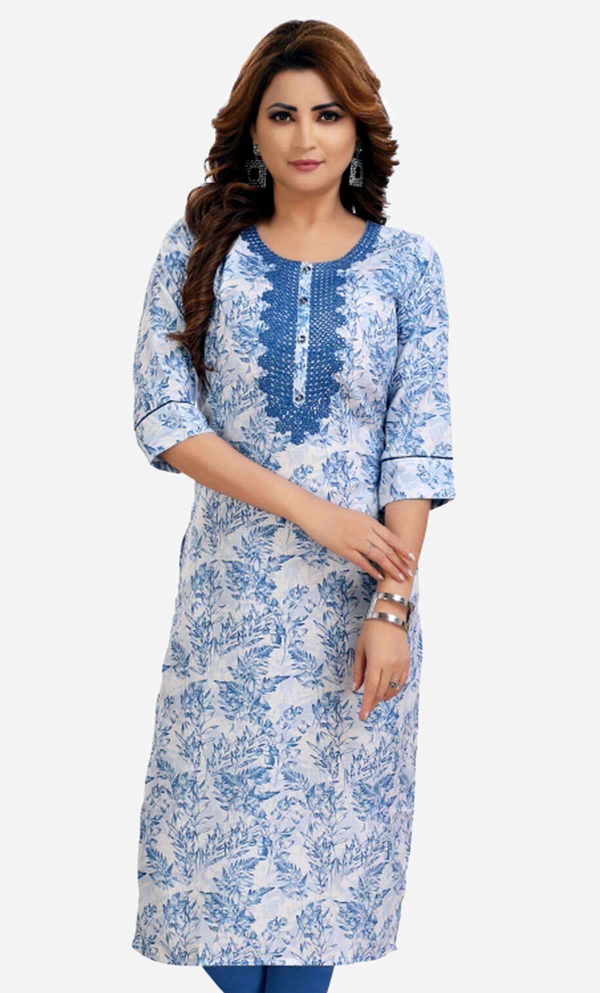    			Meher Impex Pack of 1 Cotton Printed Straight Women's Kurti - ( Blue )