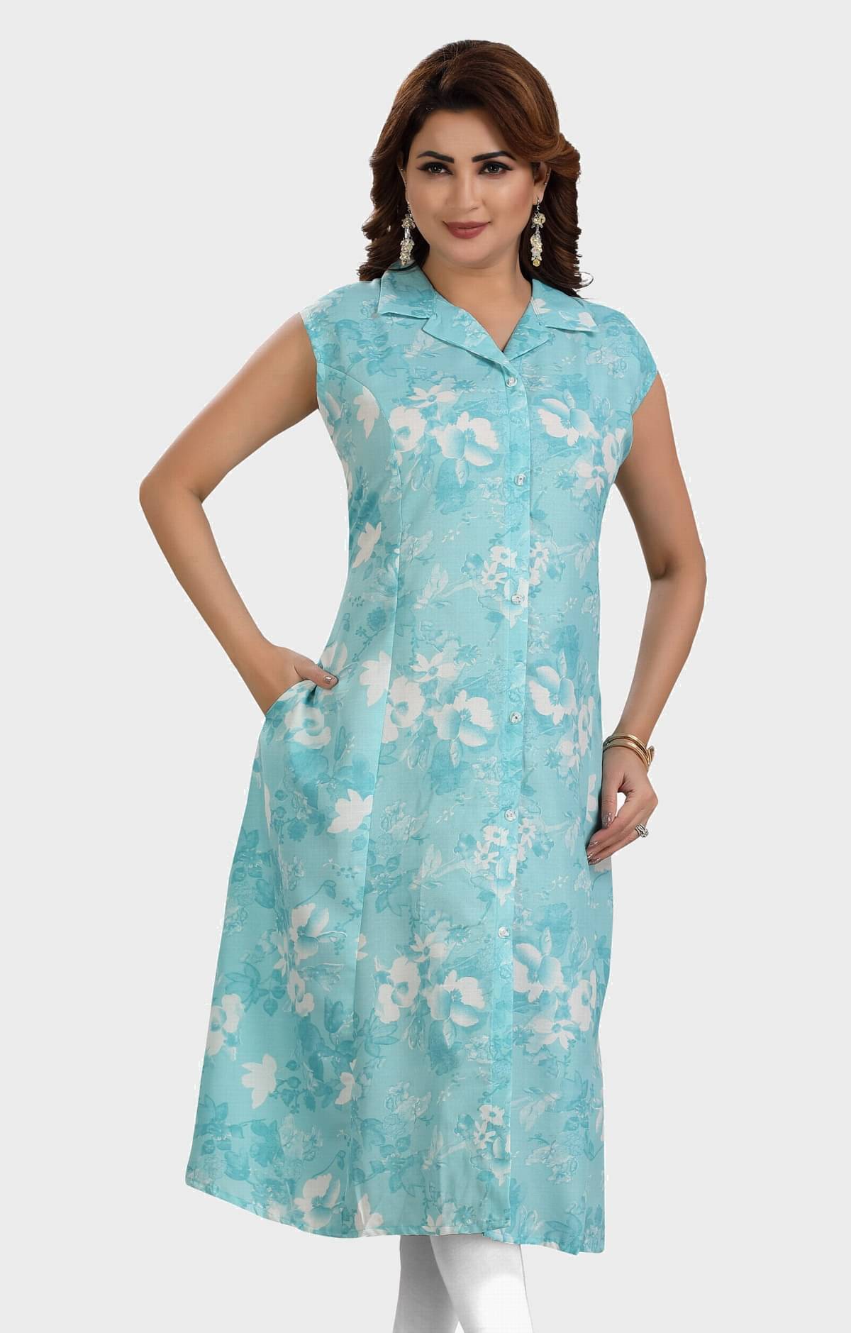     			Meher Impex Pack of 1 Cotton Blend Printed Front Slit Women's Kurti - ( Turquoise )
