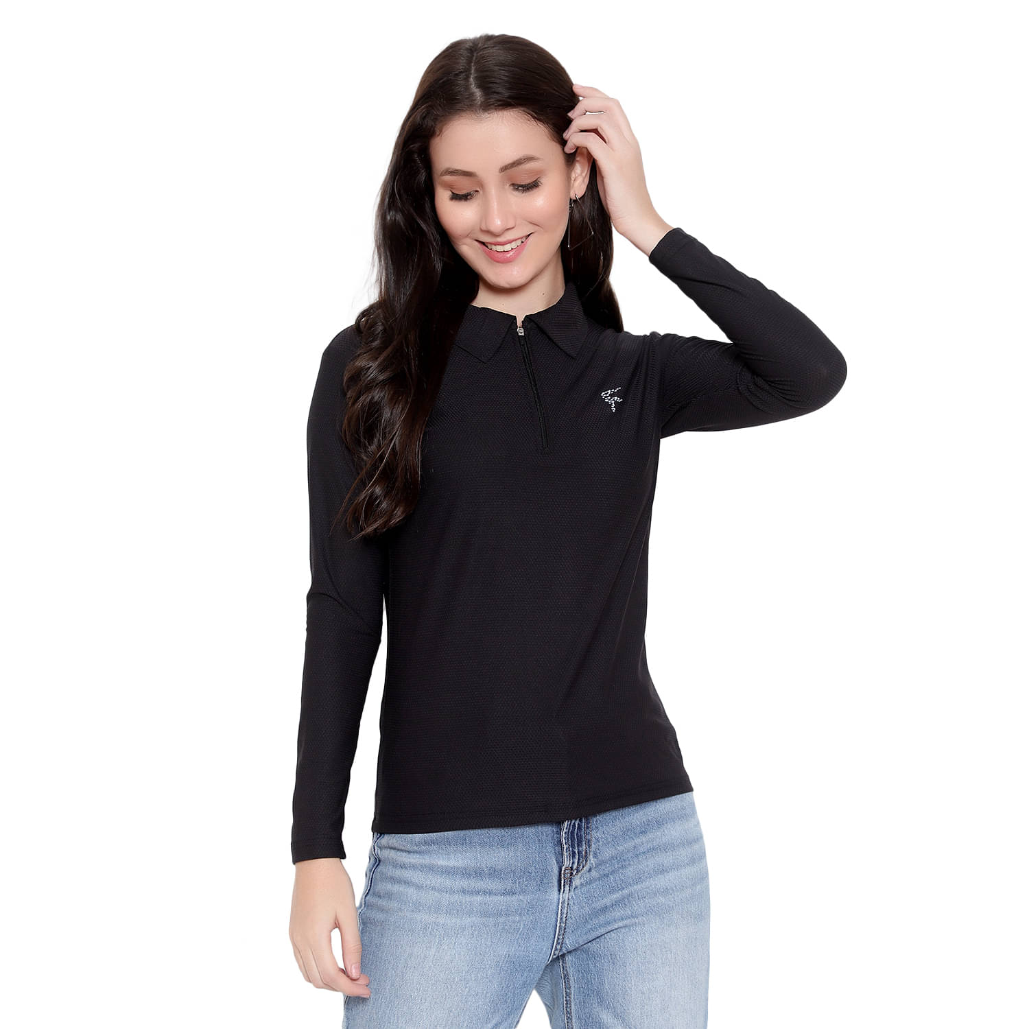 Myo Women Polyester Solid Regular Fit Polo Collar T-Shirt ( Black )     			Myo Women Polyester Solid Regular Fit Polo Collar T-Shirt ( Black )