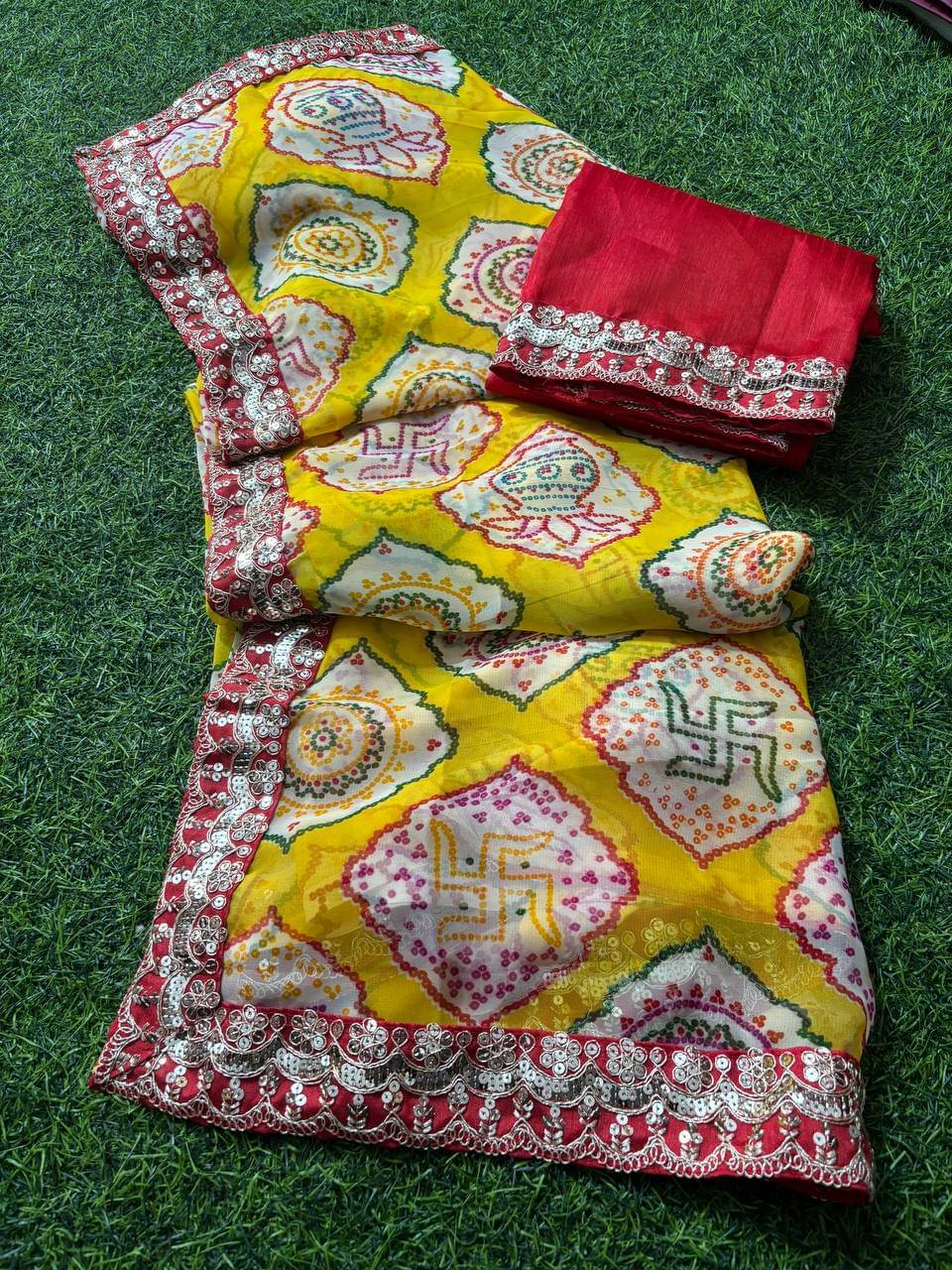 Nil Madhav Art Georgette Printed Saree With Unstitched Blouse Piece ( Yellow ) Nil Madhav Art Georgette Printed Saree With Unstitched Blouse Piece ( Yellow )