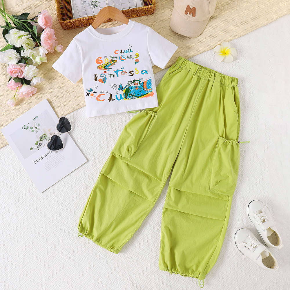 PORPY Pack of 1 Girls Cotton Blend T-shirt & Pants ( Light Green )