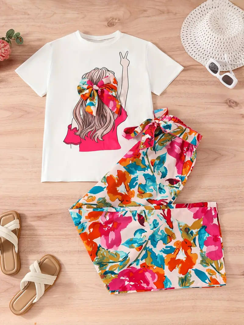 PORPY Pack of 1 Girls Cotton Blend T-shirt & Pants ( White )