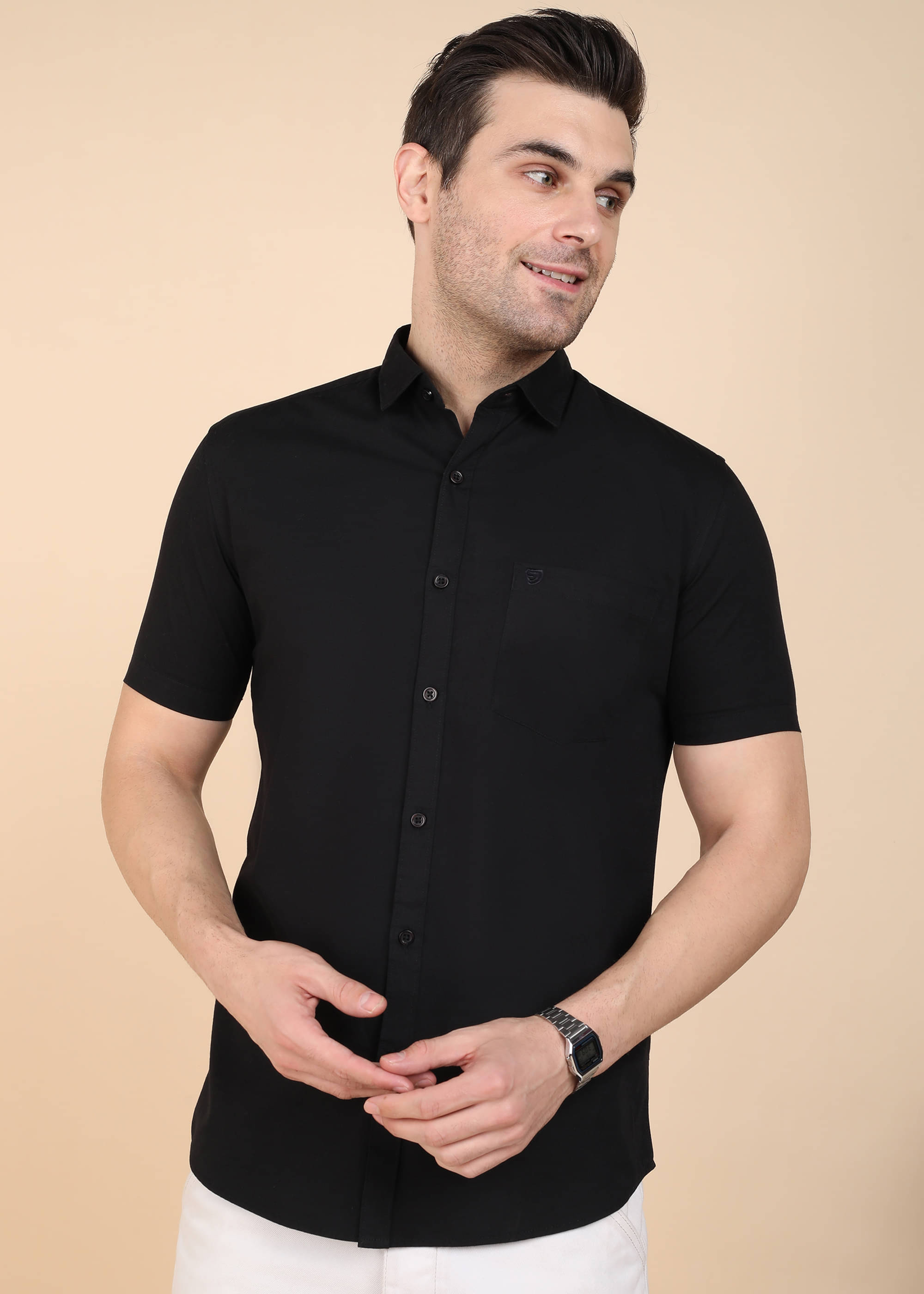 SAM & JACK 100% Cotton Slim Fit Solids Half Sleeves Men's Casual Shirt - Black ( Pack of 1 ) SAM & JACK 100% Cotton Slim Fit Solids Half Sleeves Men's Casual Shirt - Black ( Pack of 1 )