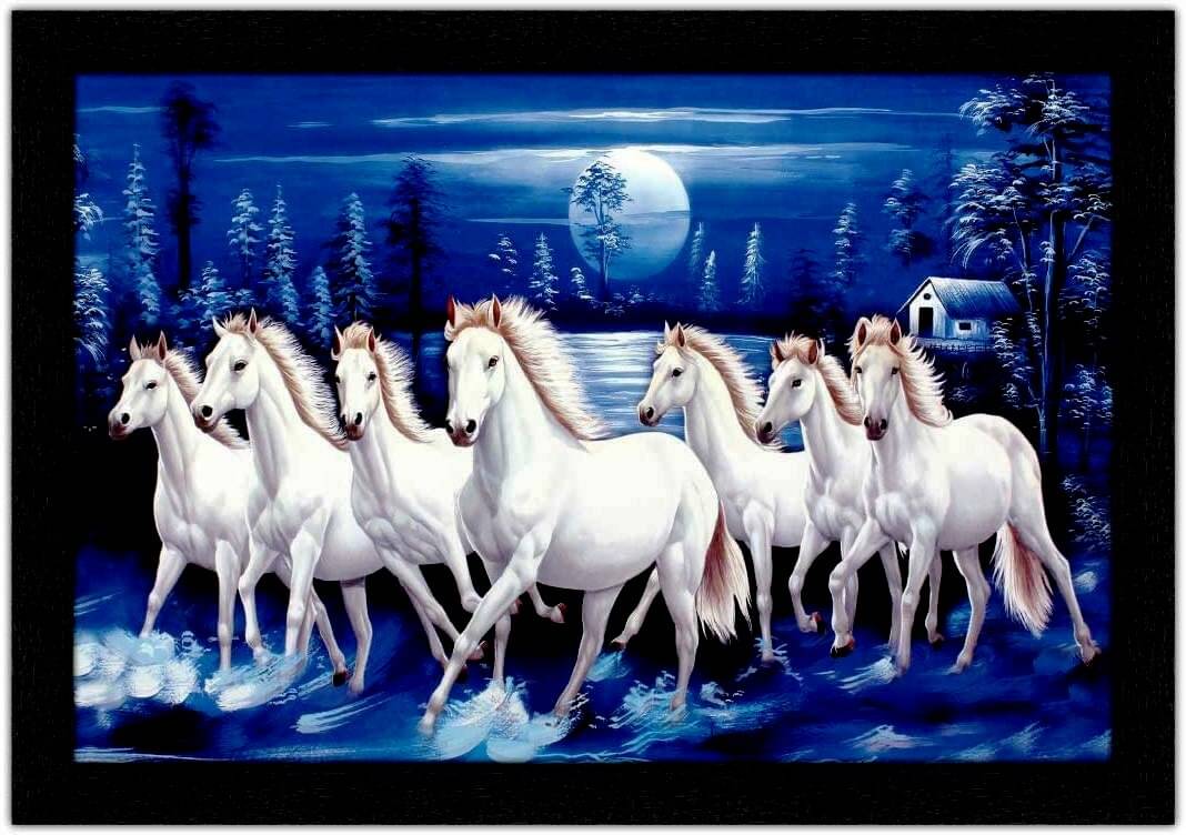     			SNDArt Vastu 7 Running Horses Paintings With Frame For Home Decor 11 x 14 inch