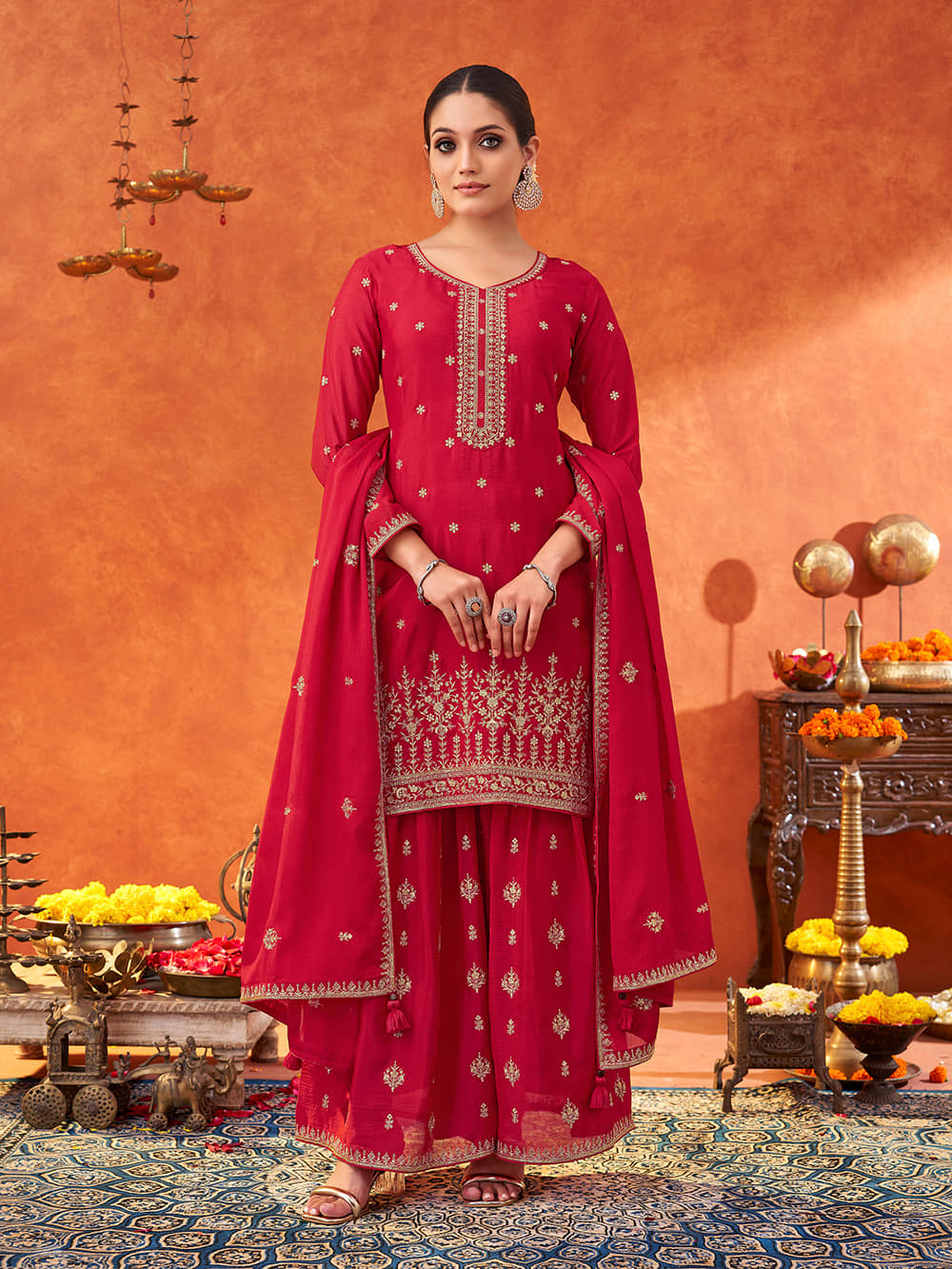 Shaily Chiffon Embroidered Kurti With Sharara And Gharara Women's Stitched Salwar Suit - Pink ( Pack of 1 )