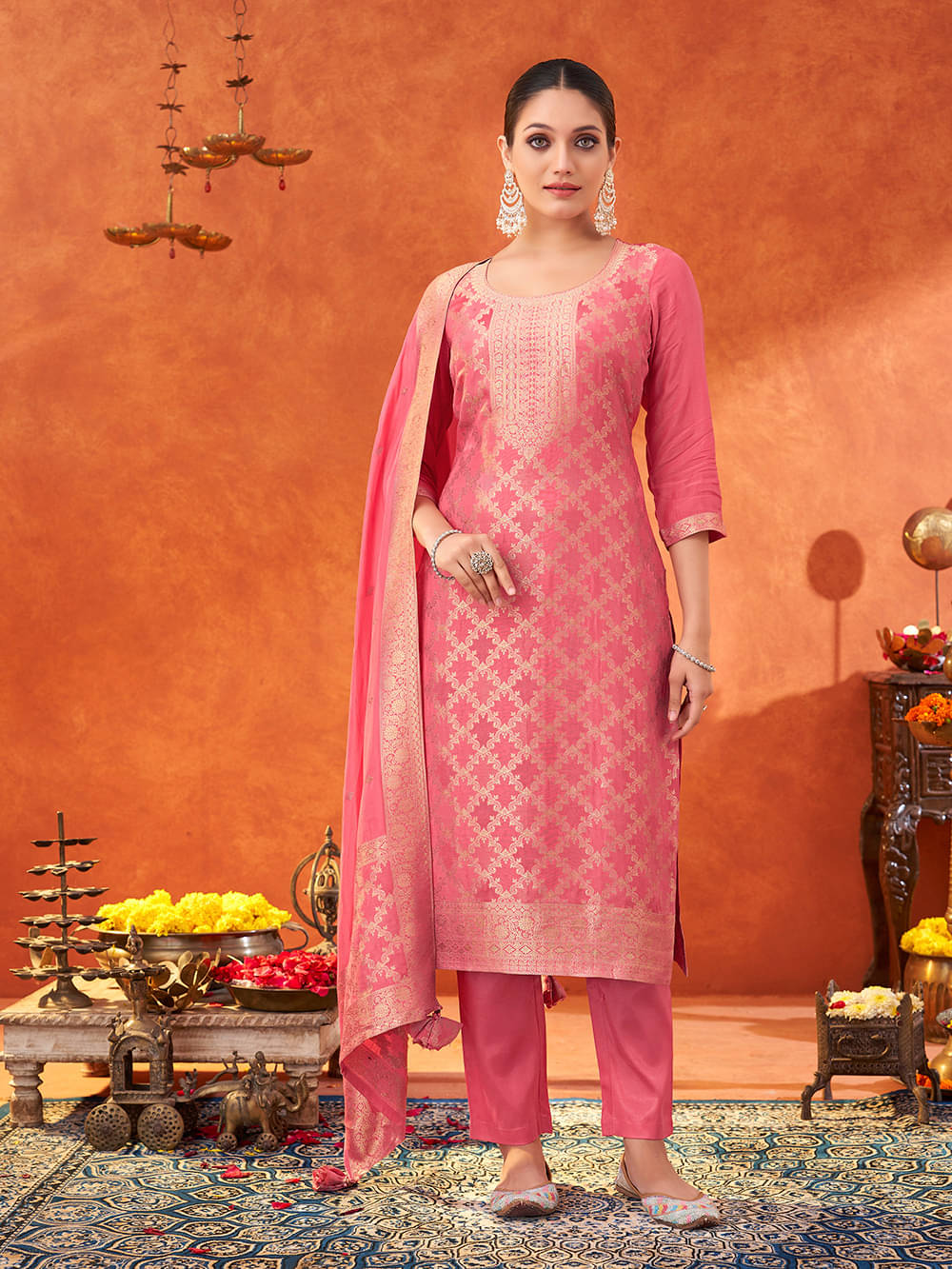     			Shaily Silk Embellished Kurti With Pants Women's Stitched Salwar Suit - Pink ( Pack of 1 )