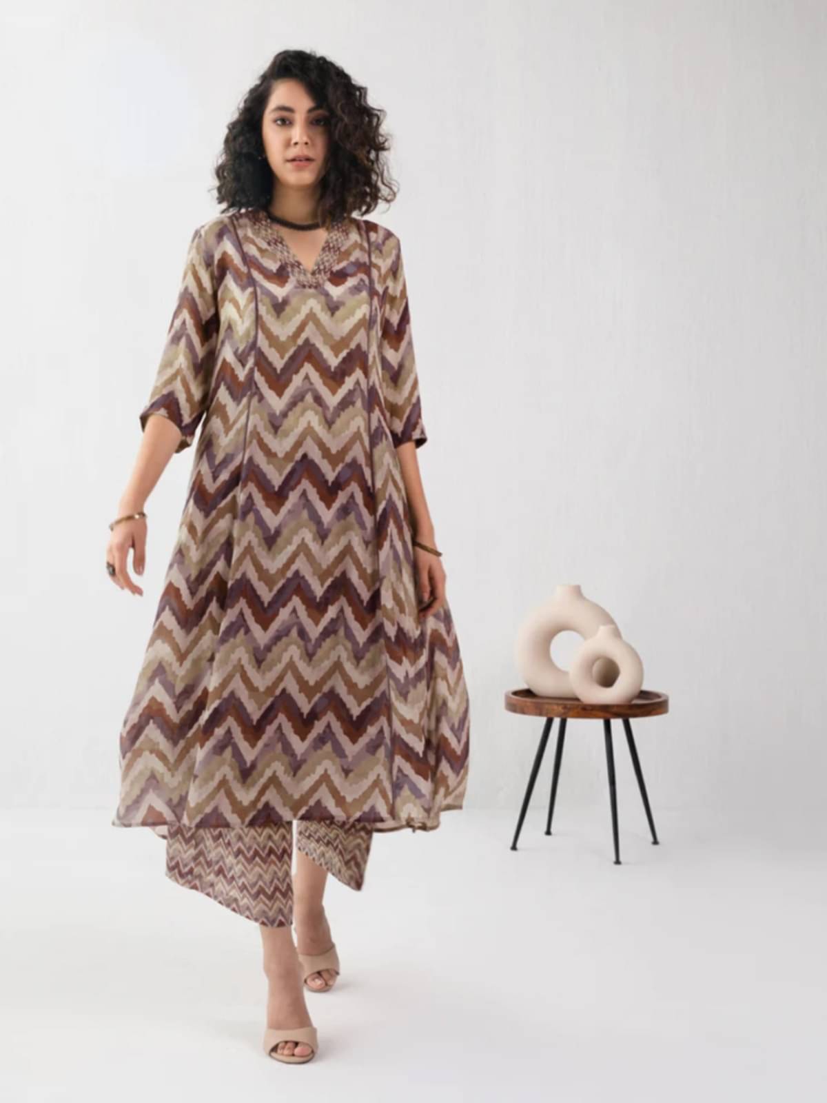     			TOOCHKI Rayon Printed Kurti With Palazzo Women's Stitched Salwar Suit - Brown ( Pack of 1 )