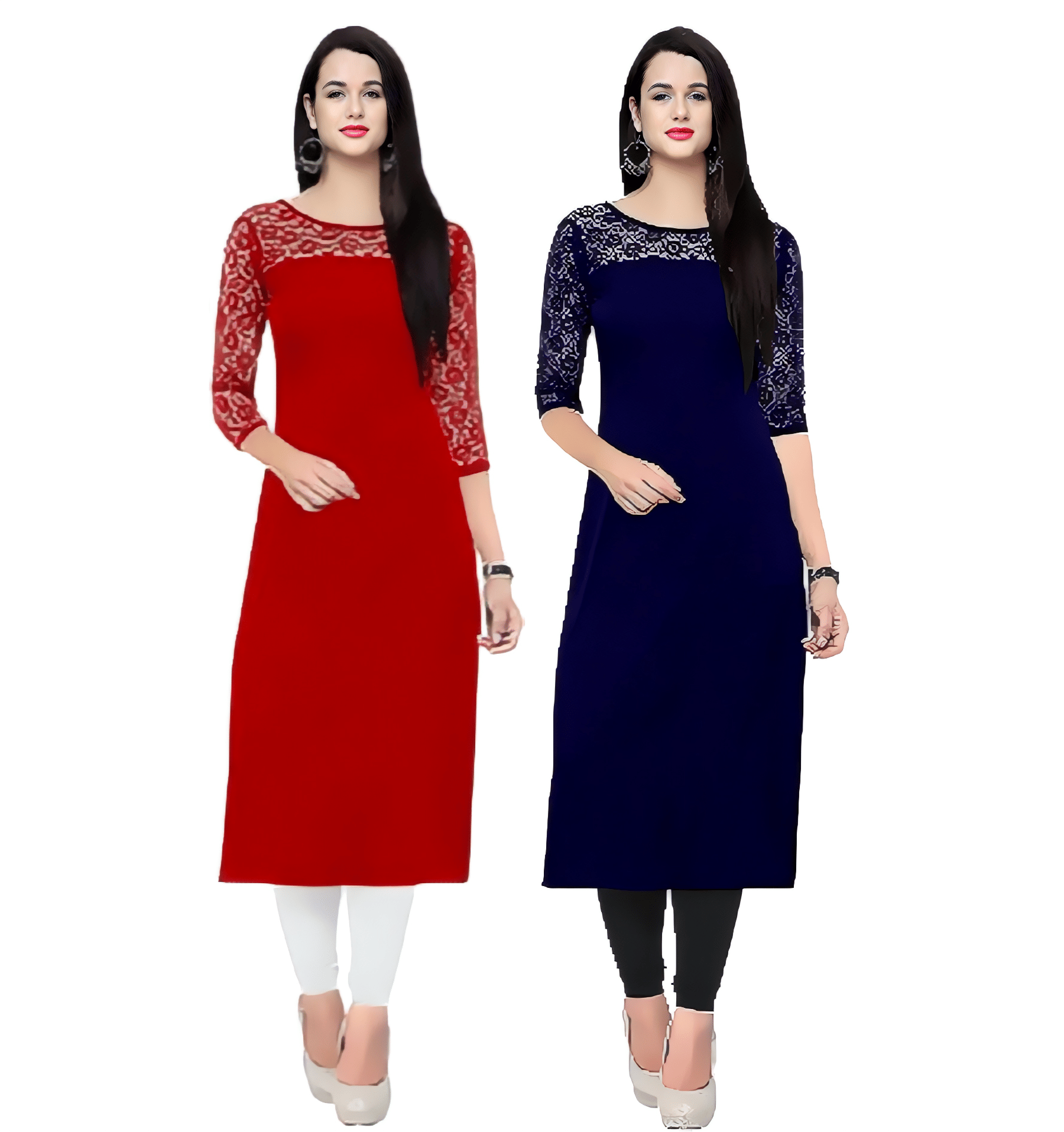 ZELZIS Pack of 2 Crepe Self Design Straight Women's Kurti - ( Red & Blue )     			ZELZIS Pack of 2 Crepe Self Design Straight Women's Kurti - ( Red & Blue )