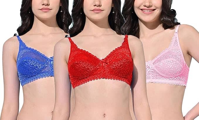 Ishant Pack of 3 Net Non Padded Everyday Bra For Women ( Blue,Pink,Red )