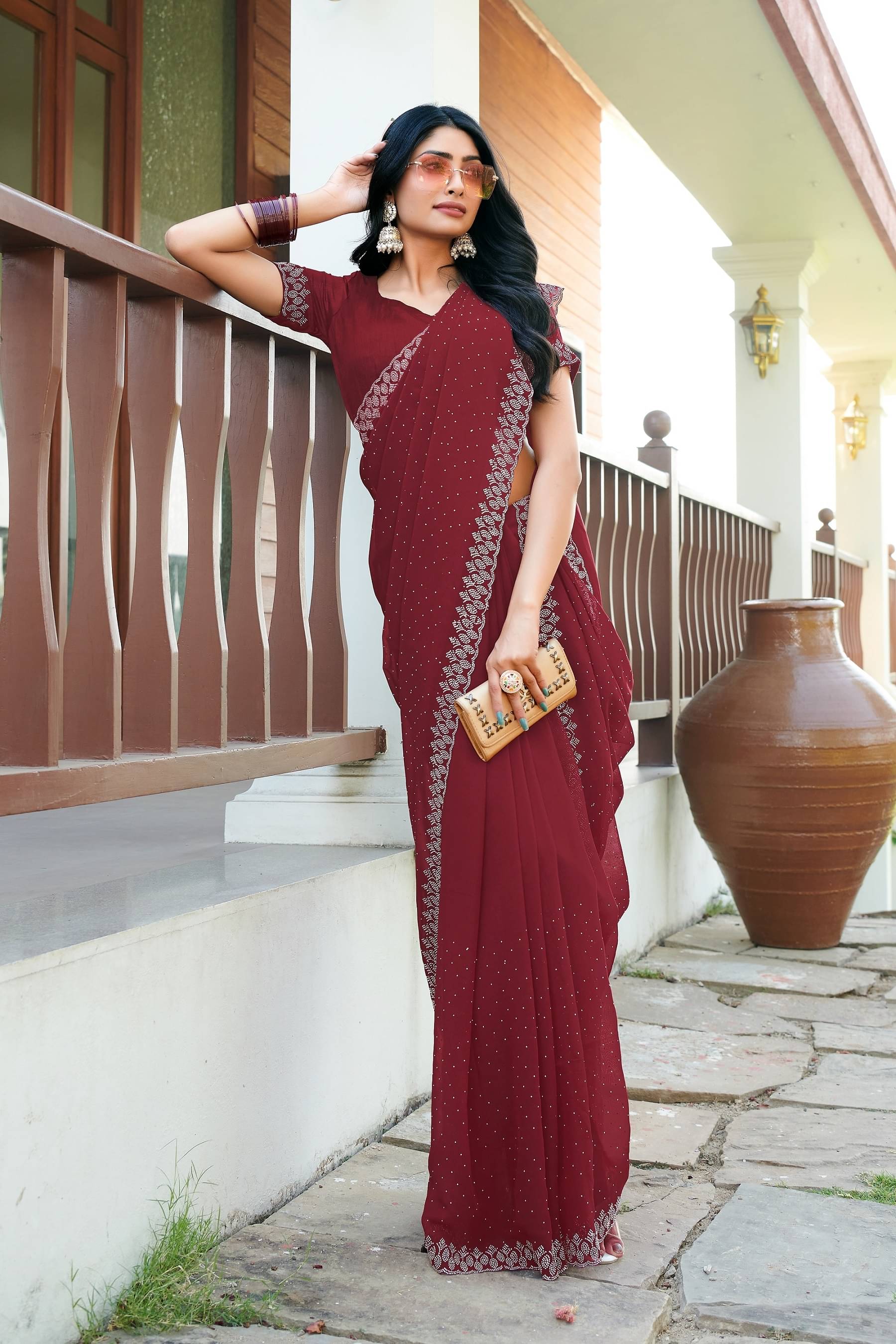 VEERAIVA Georgette Embellished Saree With Unstitched Blouse Piece ( Maroon ) VEERAIVA Georgette Embellished Saree With Unstitched Blouse Piece ( Maroon )