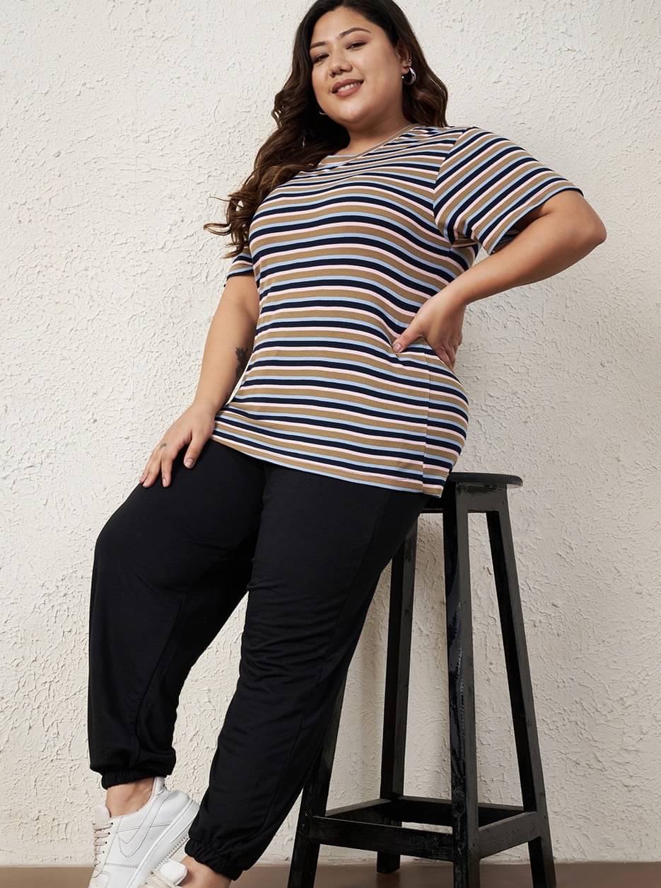     			AUSTIVO Women Striped T-Shirt With Joggers Co-Ord Set ( Beige )