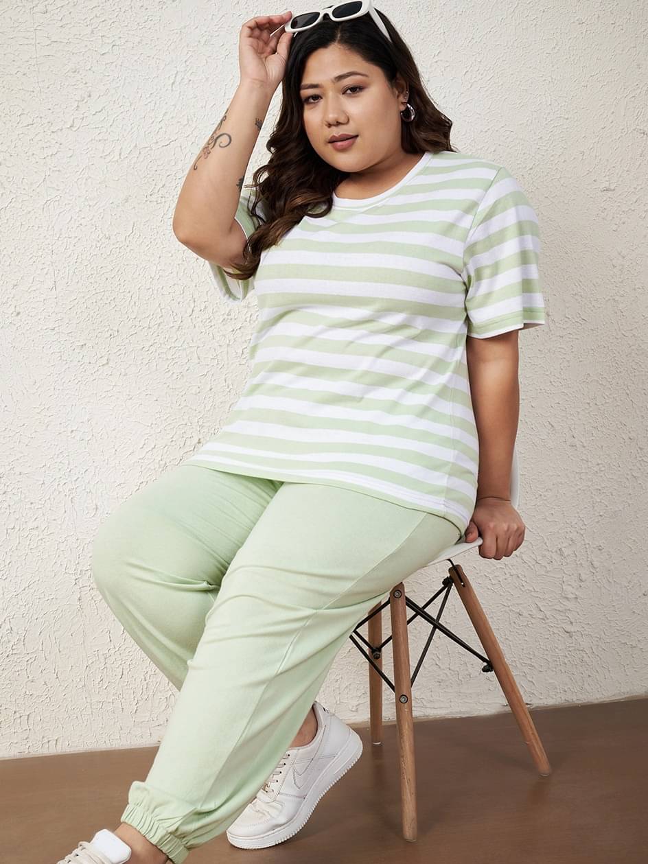     			AUSTIVO Women Striped T-Shirt With Joggers Co-Ord Set ( Green )
