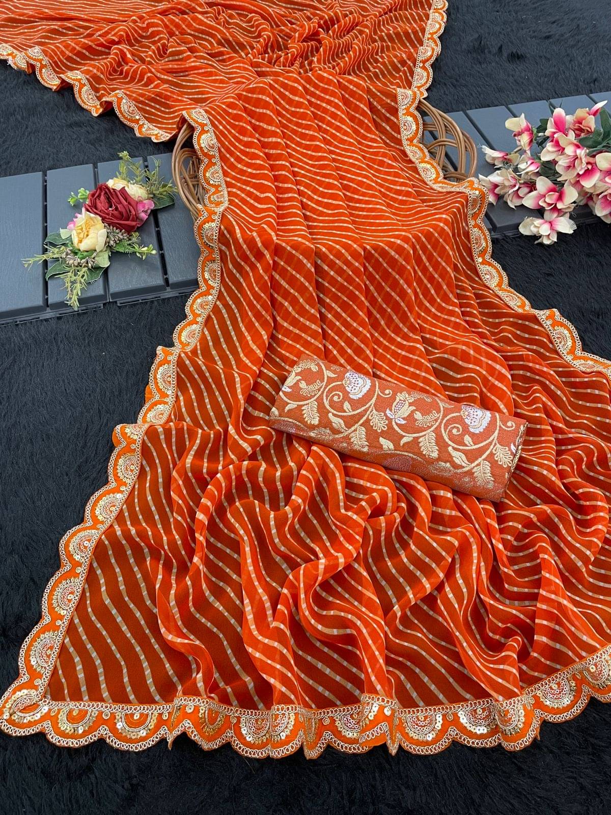     			JULEE Georgette Printed Saree With Unstitched Blouse Piece ( Orange )