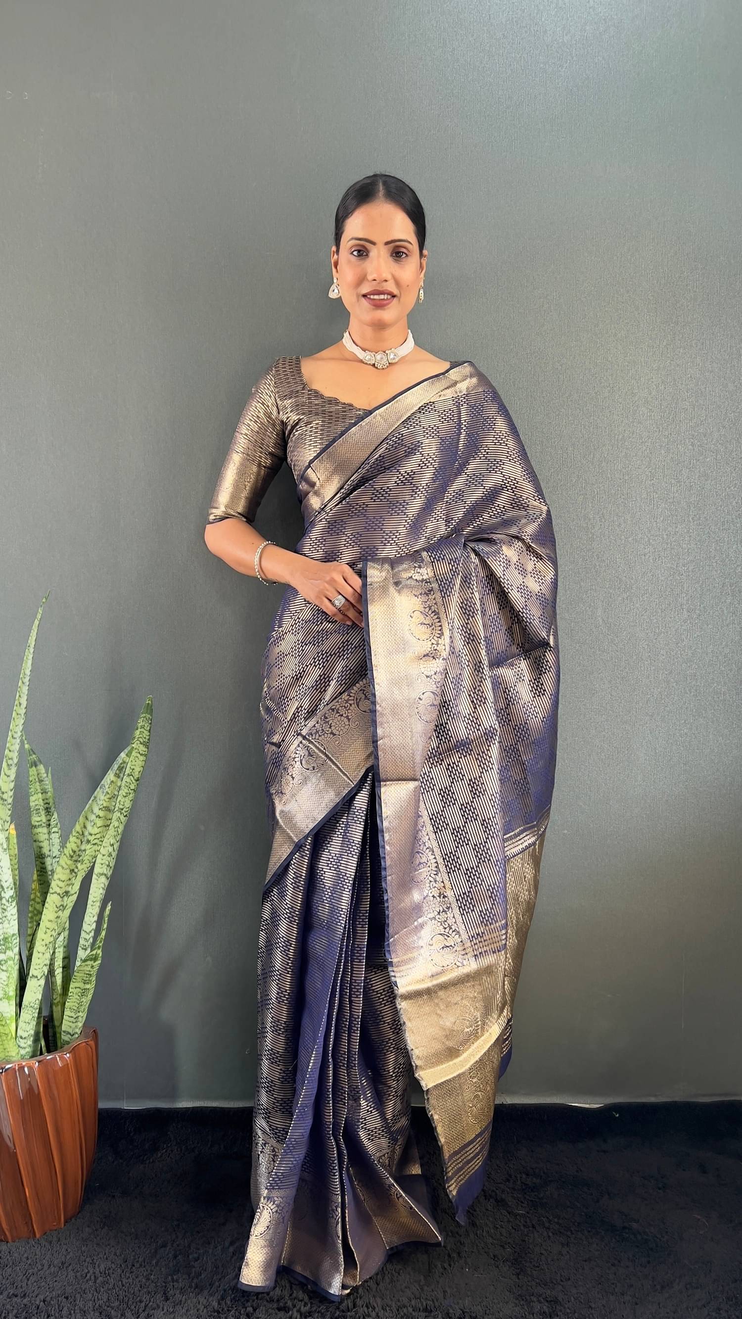 JULEE Tissue Embellished Saree With Unstitched Blouse Piece ( Navy Blue ) JULEE Tissue Embellished Saree With Unstitched Blouse Piece ( Navy Blue )