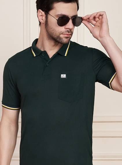 AUSTIN WOOD Pack of 1 Cotton Blend Regular Fit Solid Half Sleeves Men's Polo T Shirt ( Dark Green ) AUSTIN WOOD Pack of 1 Cotton Blend Regular Fit Solid Half Sleeves Men's Polo T Shirt ( Dark Green )