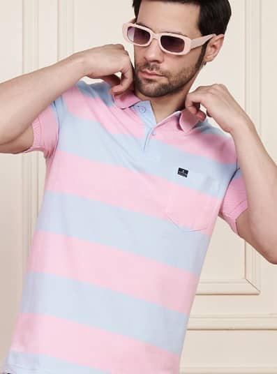 AUSTIN WOOD Pack of 1 Cotton Blend Regular Fit Striped Half Sleeves Men's Polo T Shirt ( Pink )
