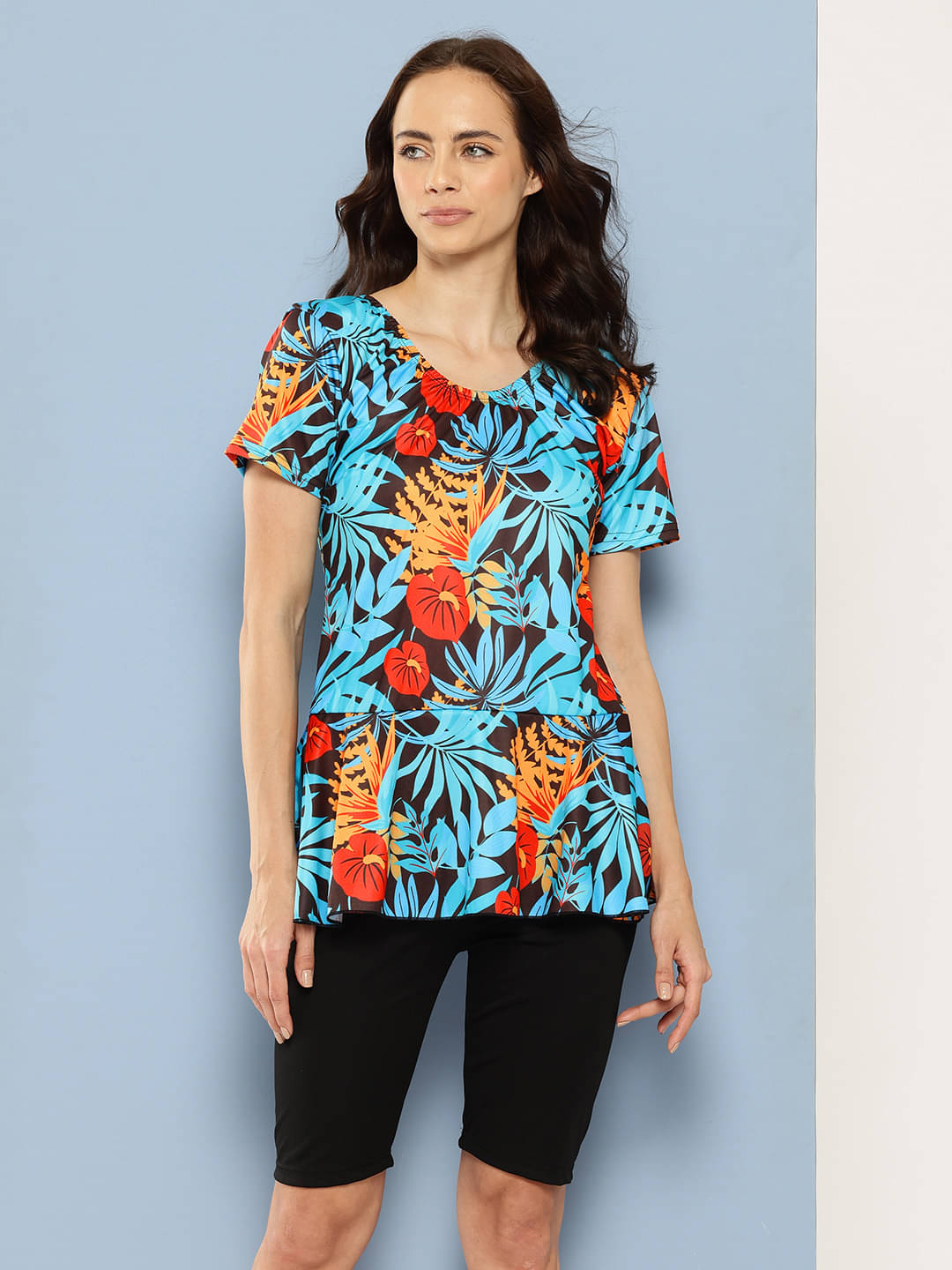     			Aarika Nylon Turquoise One Piece Swimsuit with Skirt -