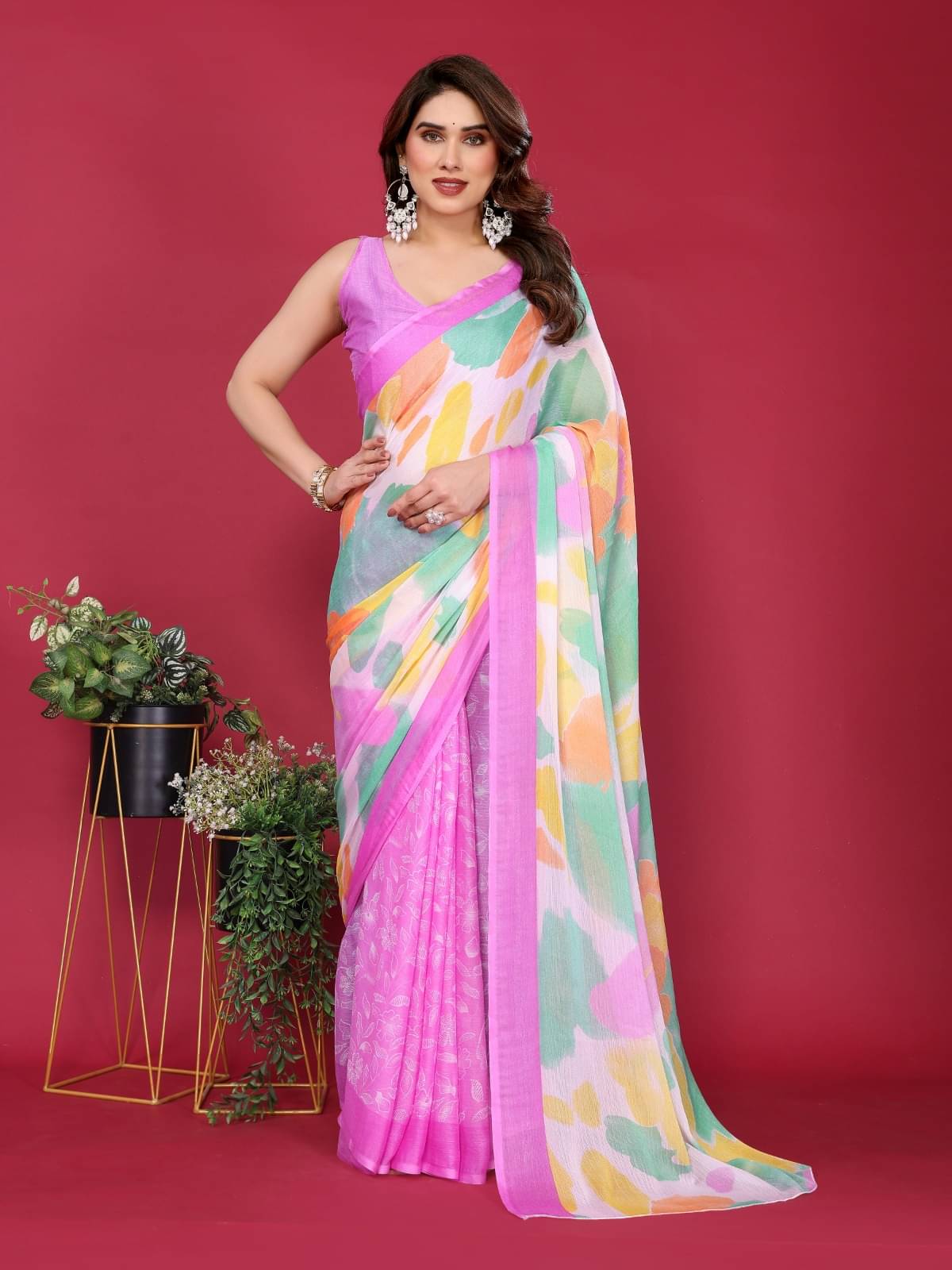     			BLEESBURY Chiffon Printed Saree With Unstitched Blouse Piece ( Purple )
