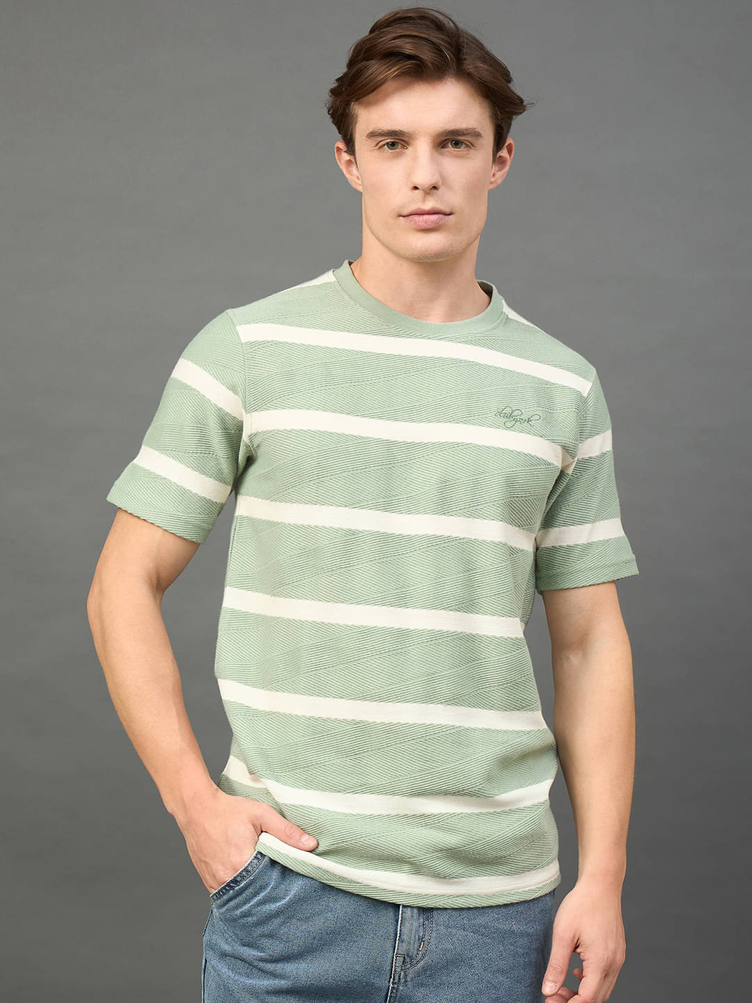     			Club York Cotton Blend Slim Fit Striped Half Sleeves Men's Round T-Shirt - Light Green ( Pack of 1 )