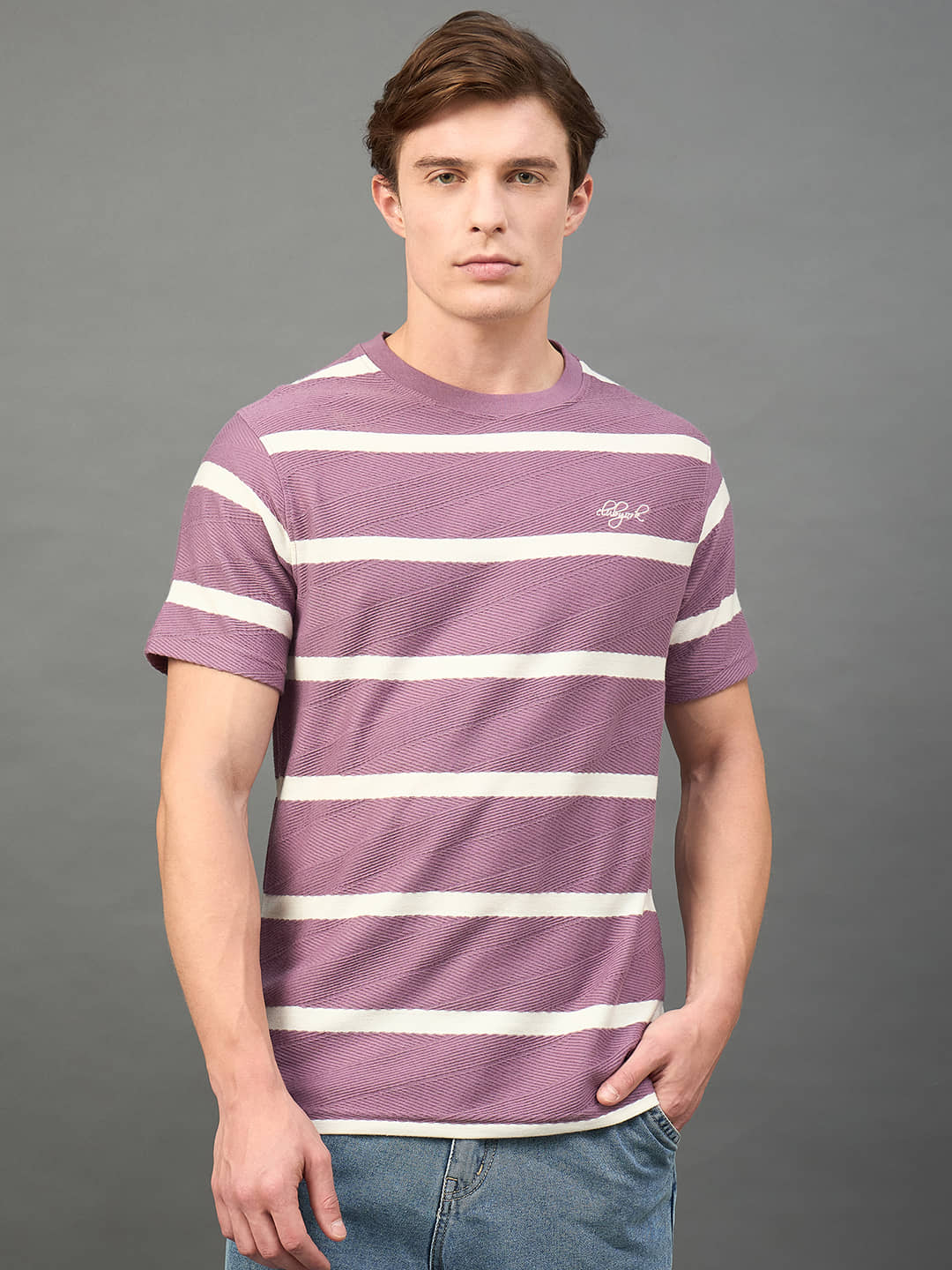 Club York Cotton Blend Slim Fit Striped Half Sleeves Men's Round T-Shirt - Lavender ( Pack of 1 )