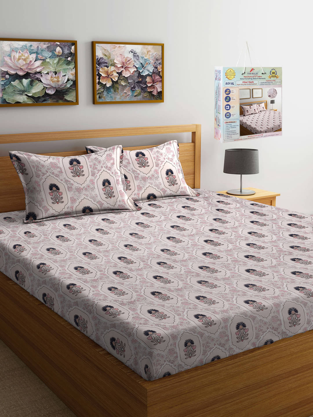     			FABINALIV Poly Cotton Floral Fitted ( King Size ) - Off White