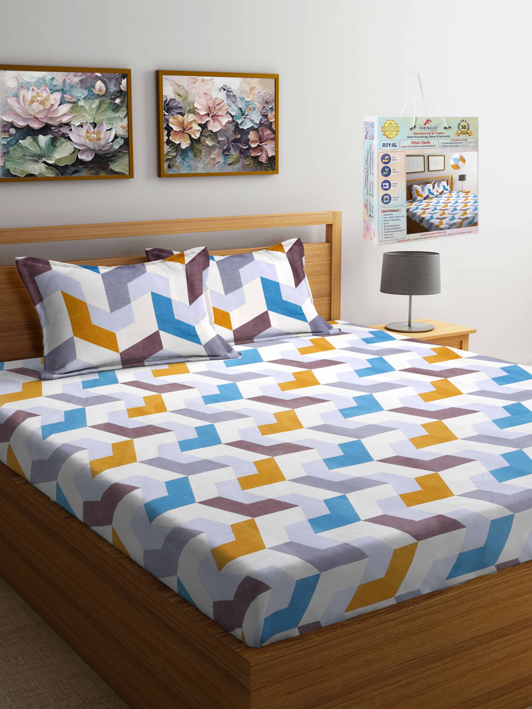     			FABINALIV Poly Cotton Geometric Fitted ( King Size ) - White